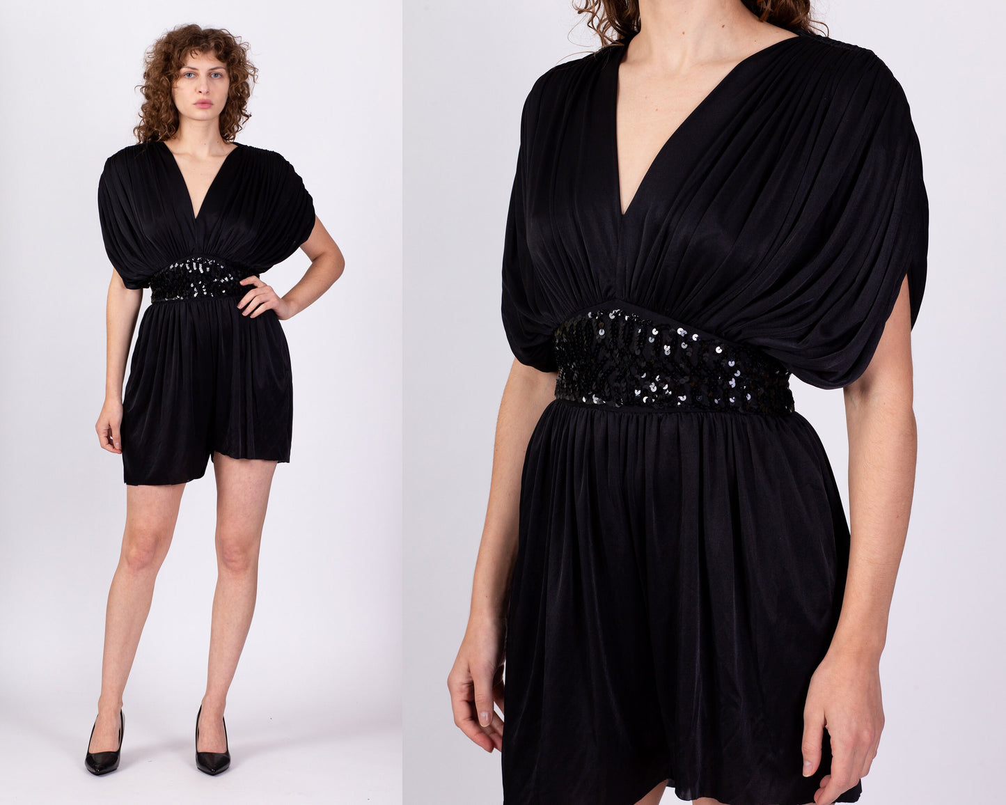 80s Black Draped Sequin Romper, As Is - Small 