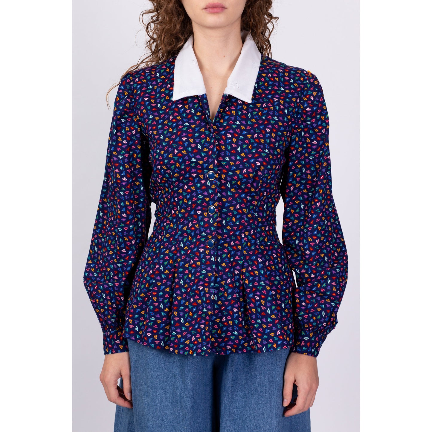 80s Hat Print Blouse - Medium 