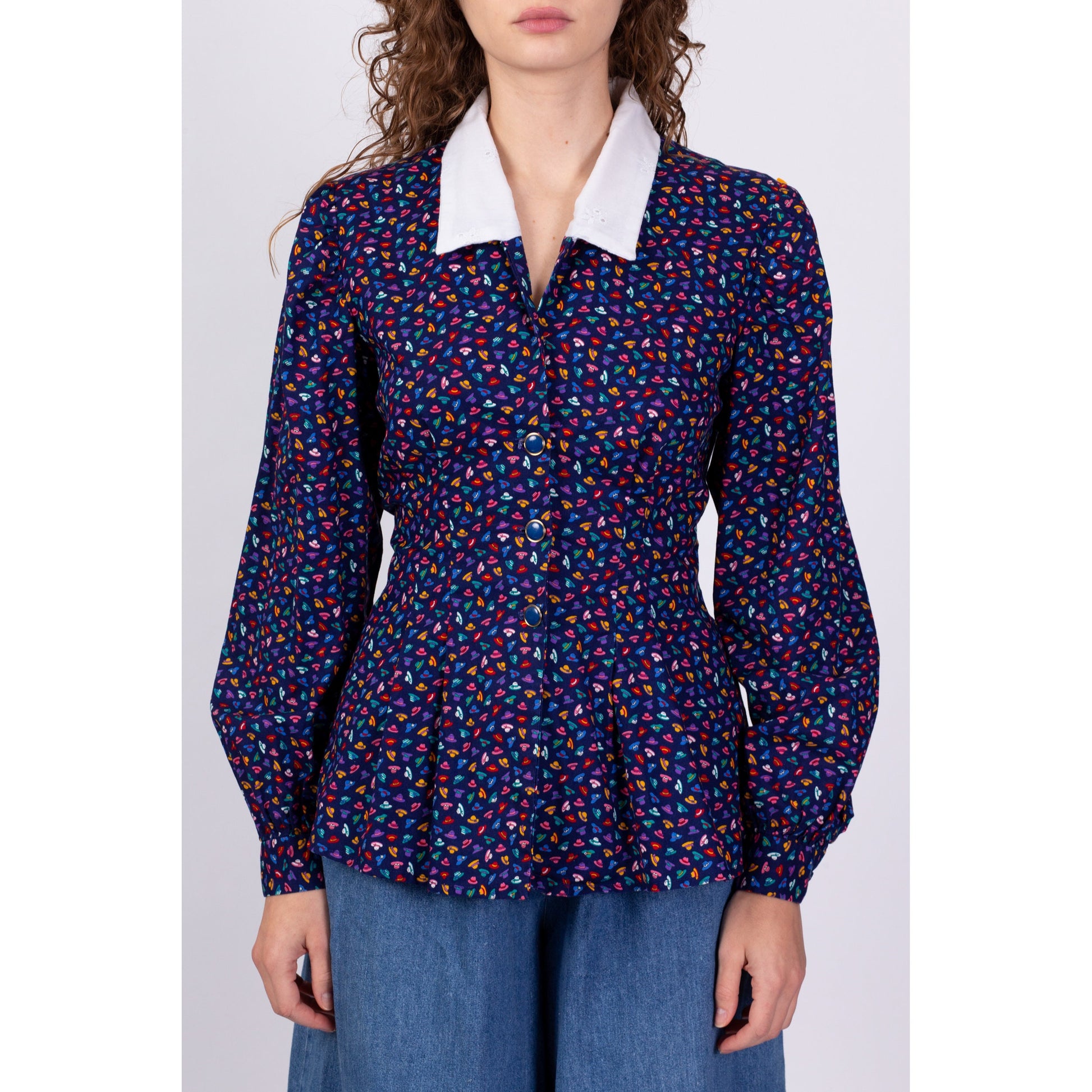 80s Hat Print Blouse - Medium 