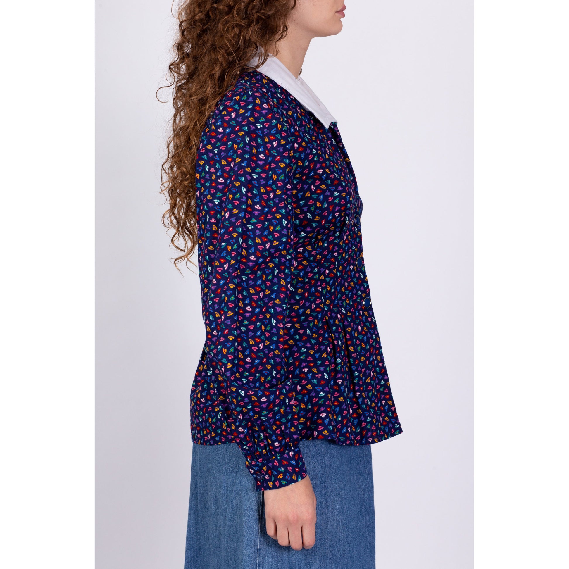 80s Hat Print Blouse - Medium 