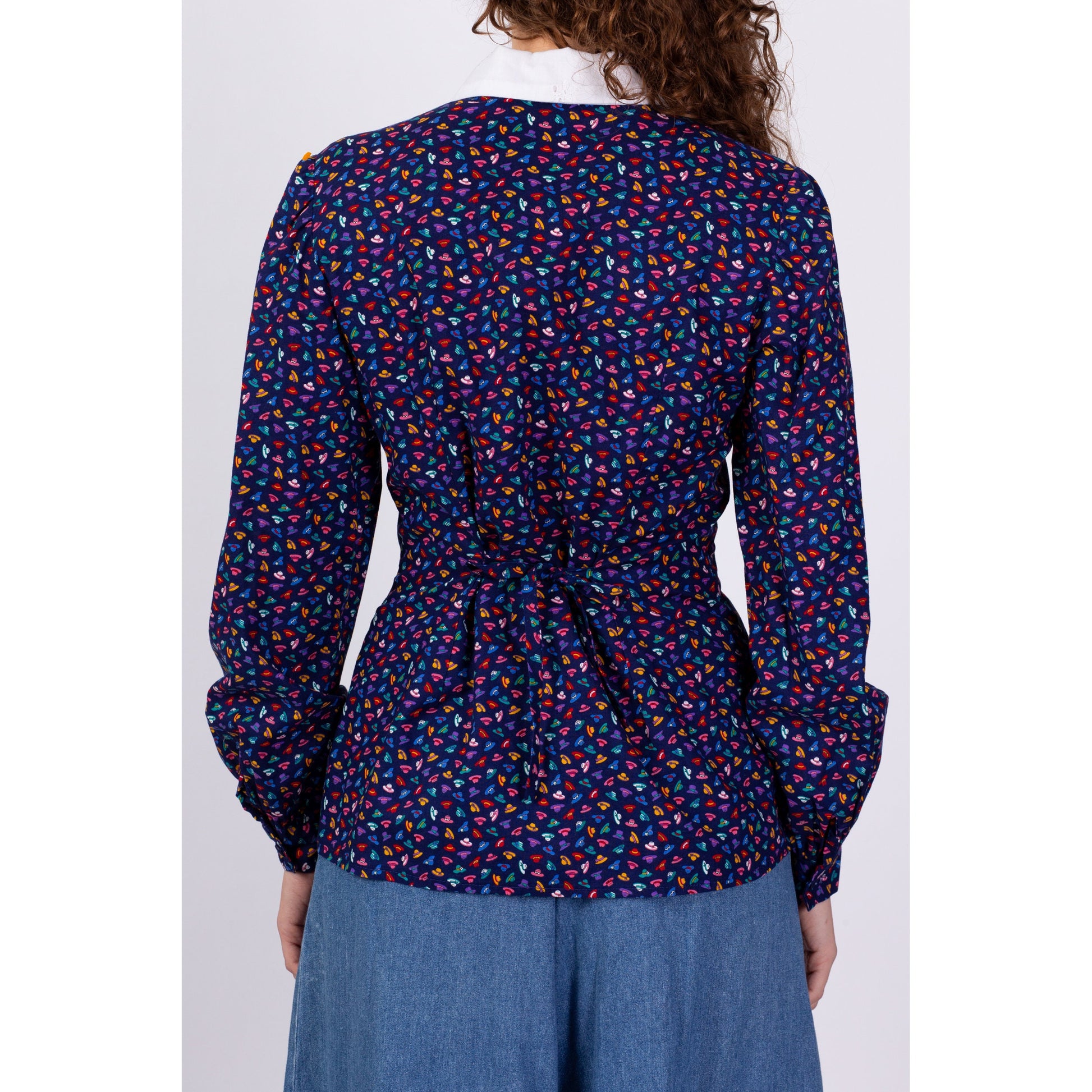 80s Hat Print Blouse - Medium 