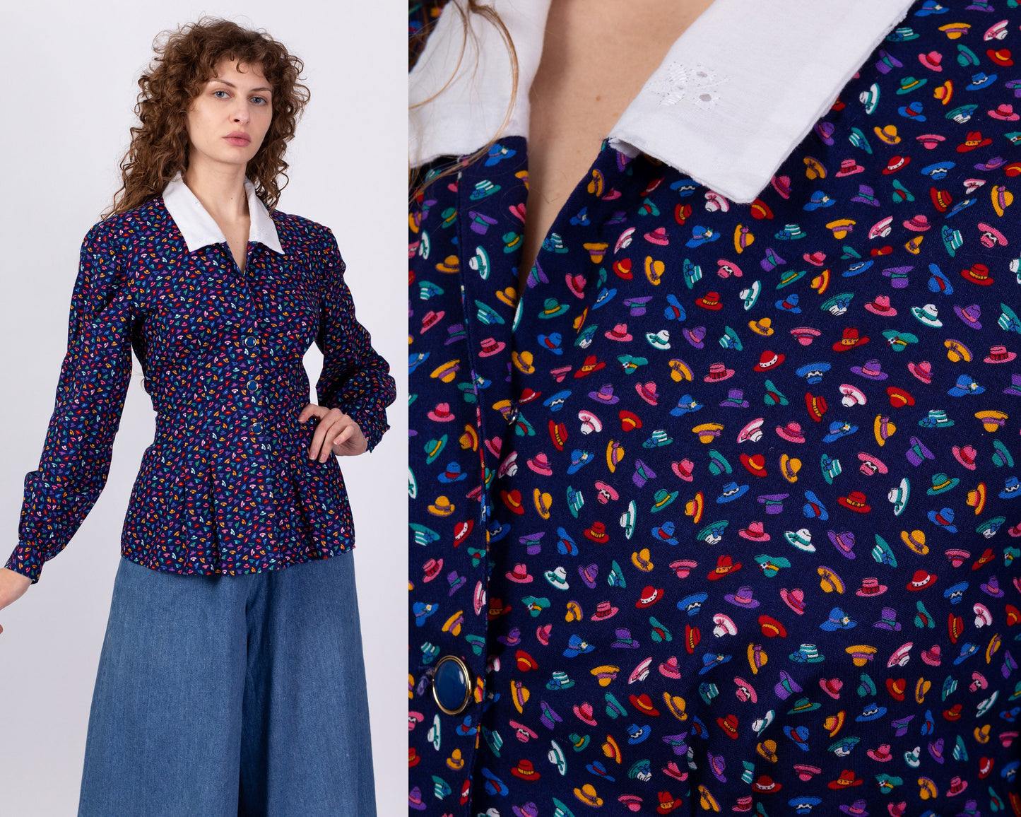80s Hat Print Blouse - Medium 