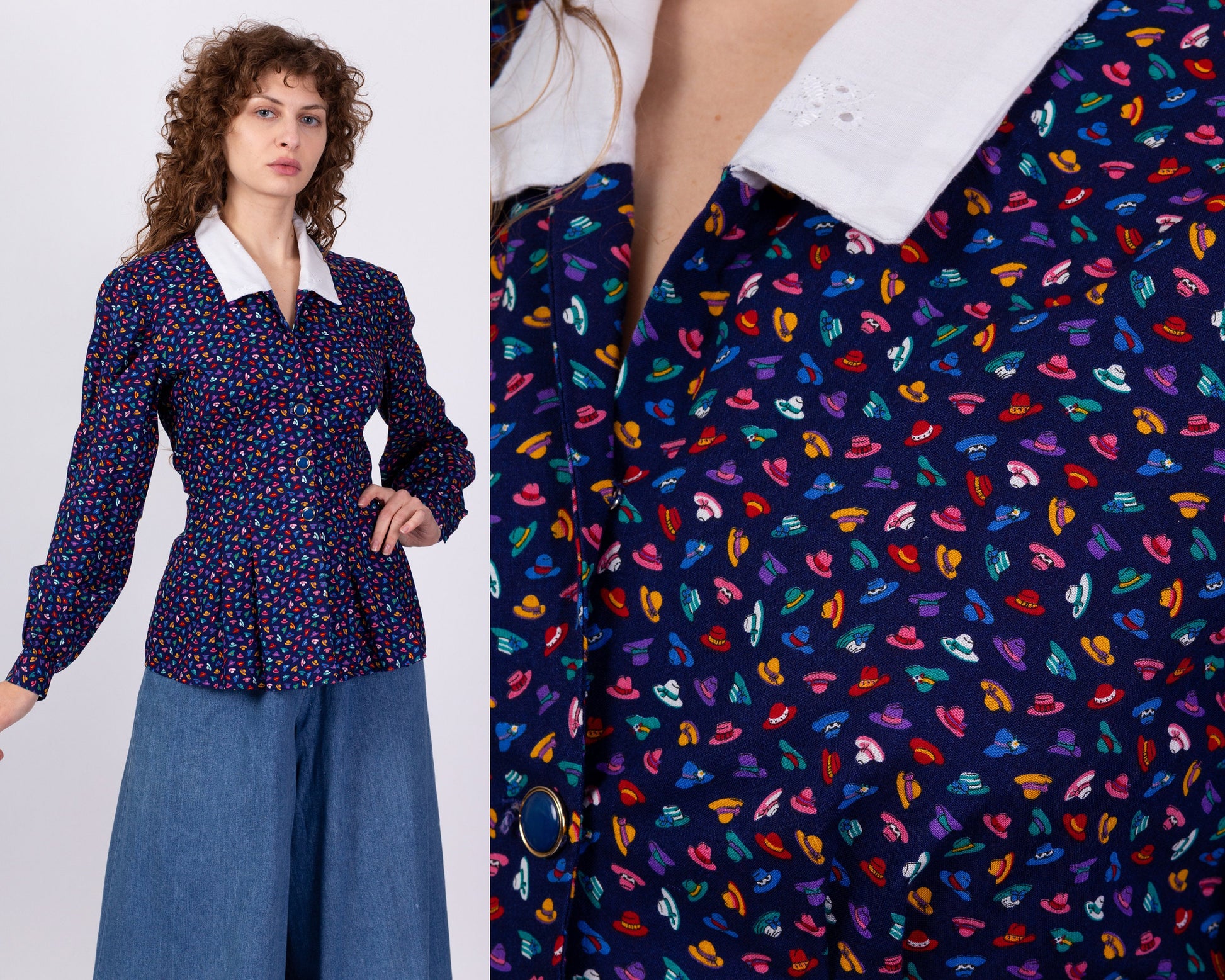 80s Hat Print Blouse - Medium 
