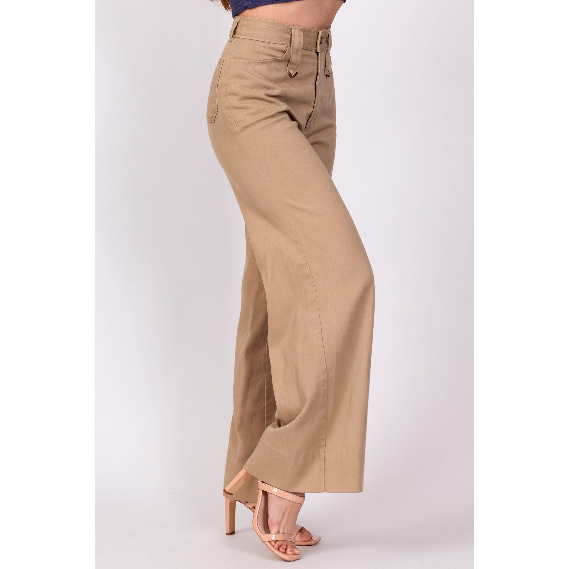 70s High Waisted Khaki Twill Flared Pants - Extra Small, 24" 