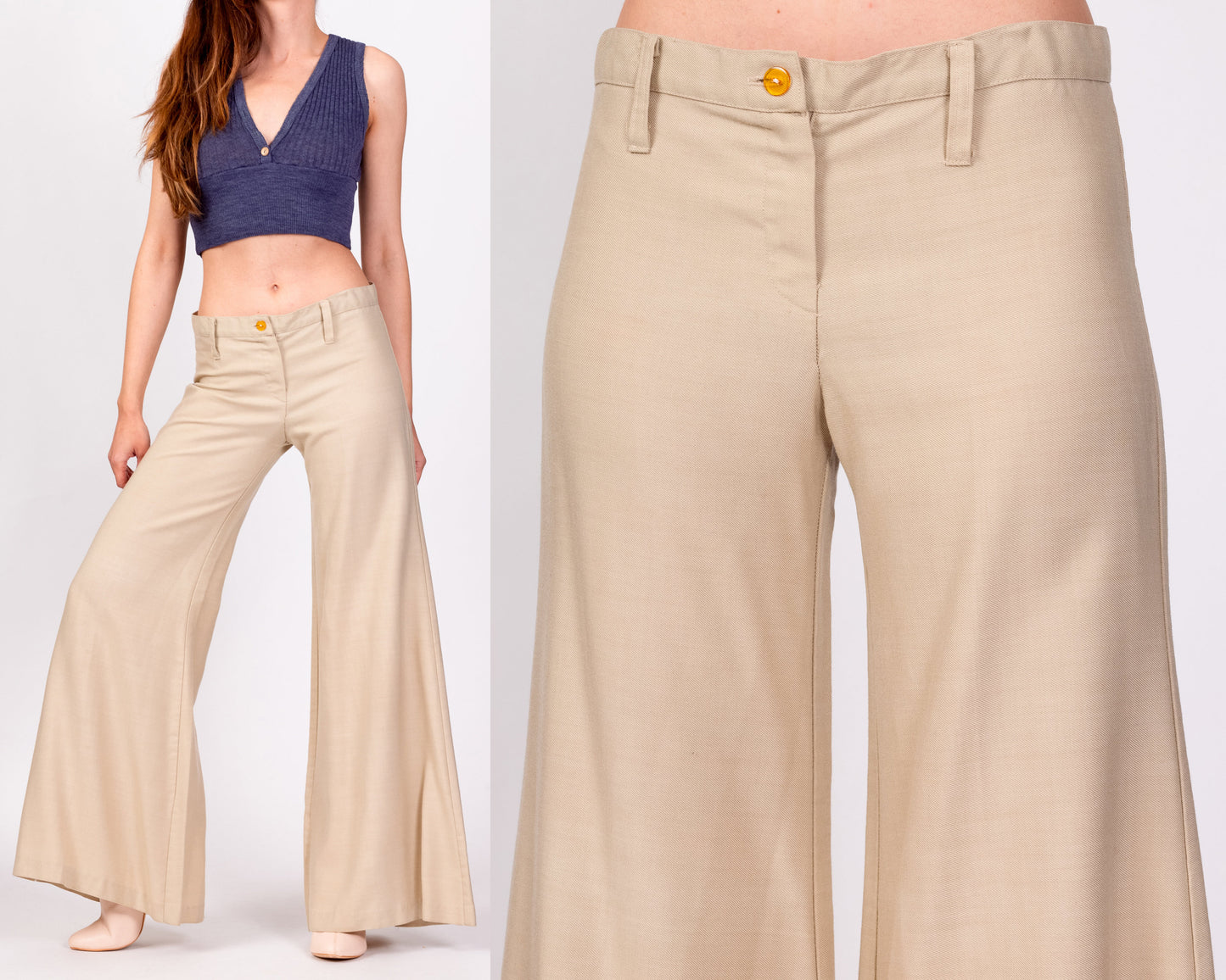 70s Khaki Low Rise Bell Bottoms - Extra Small 