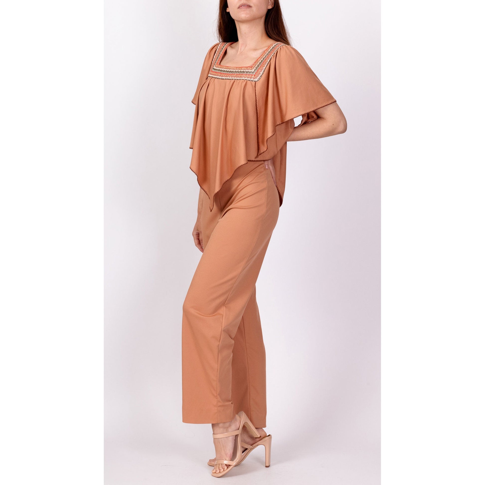 70s Embroidered Flutter Capelet Jumpsuit - XS to Petite Small 