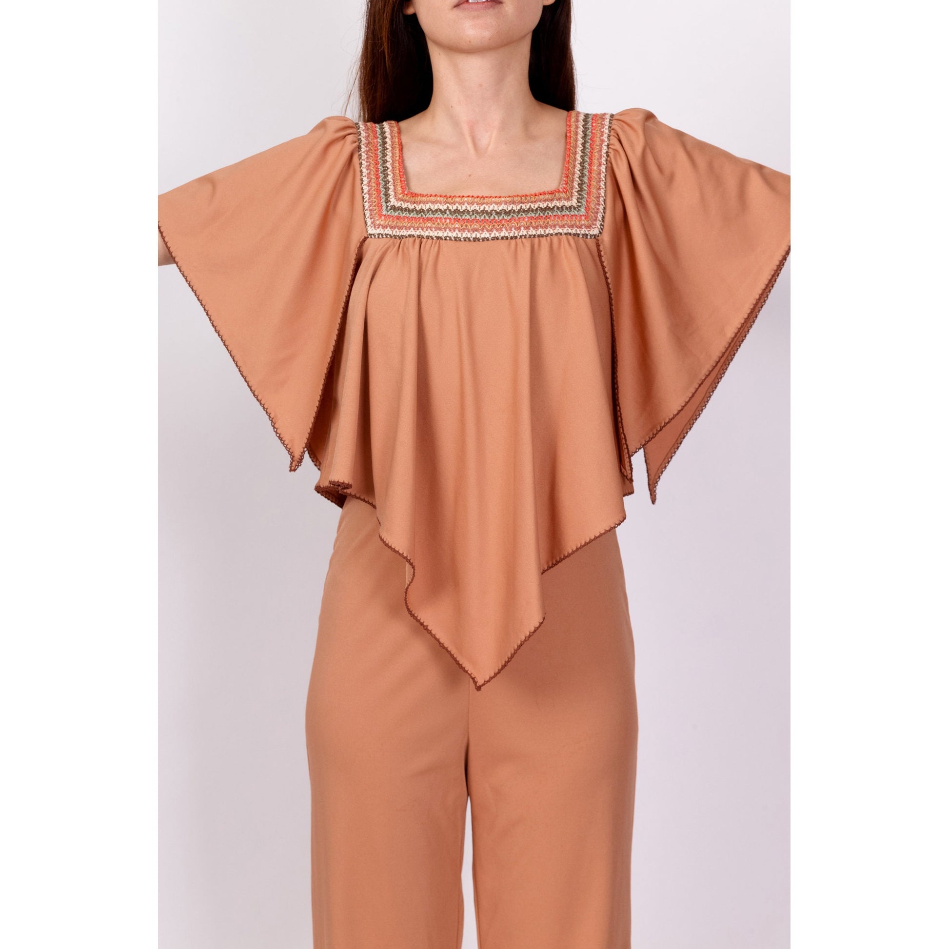70s Embroidered Flutter Capelet Jumpsuit - XS to Petite Small 