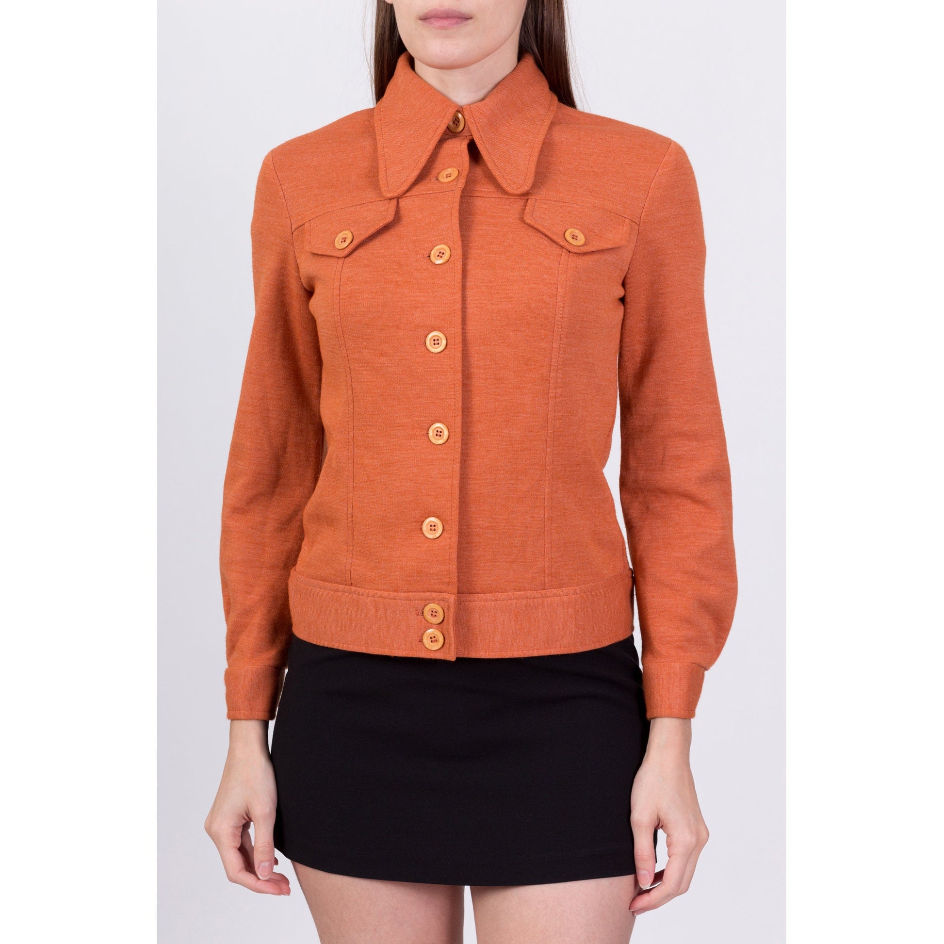 60s 70s Mod Orange Dog Ear Collar Shirt Jacket - Extra Small 