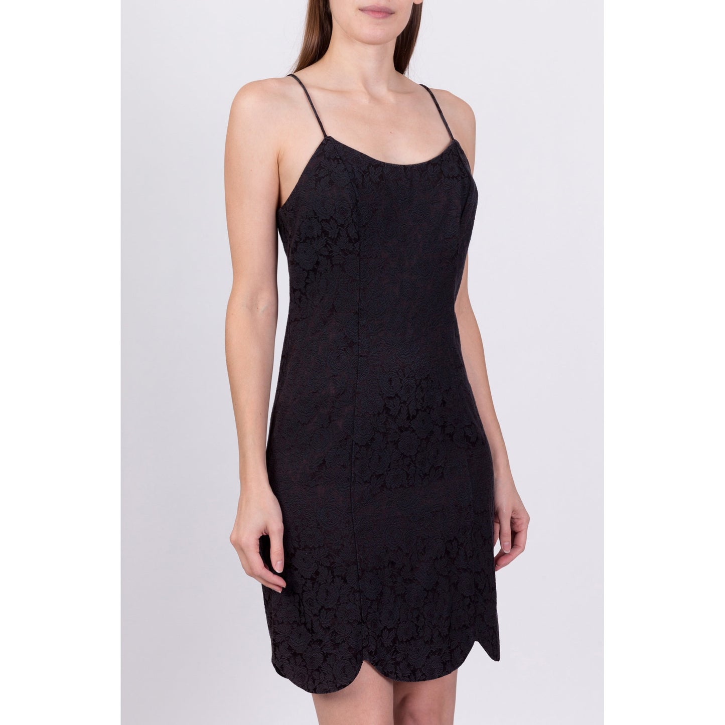 90s Black Floral Jacquard Mini Dress - Small 
