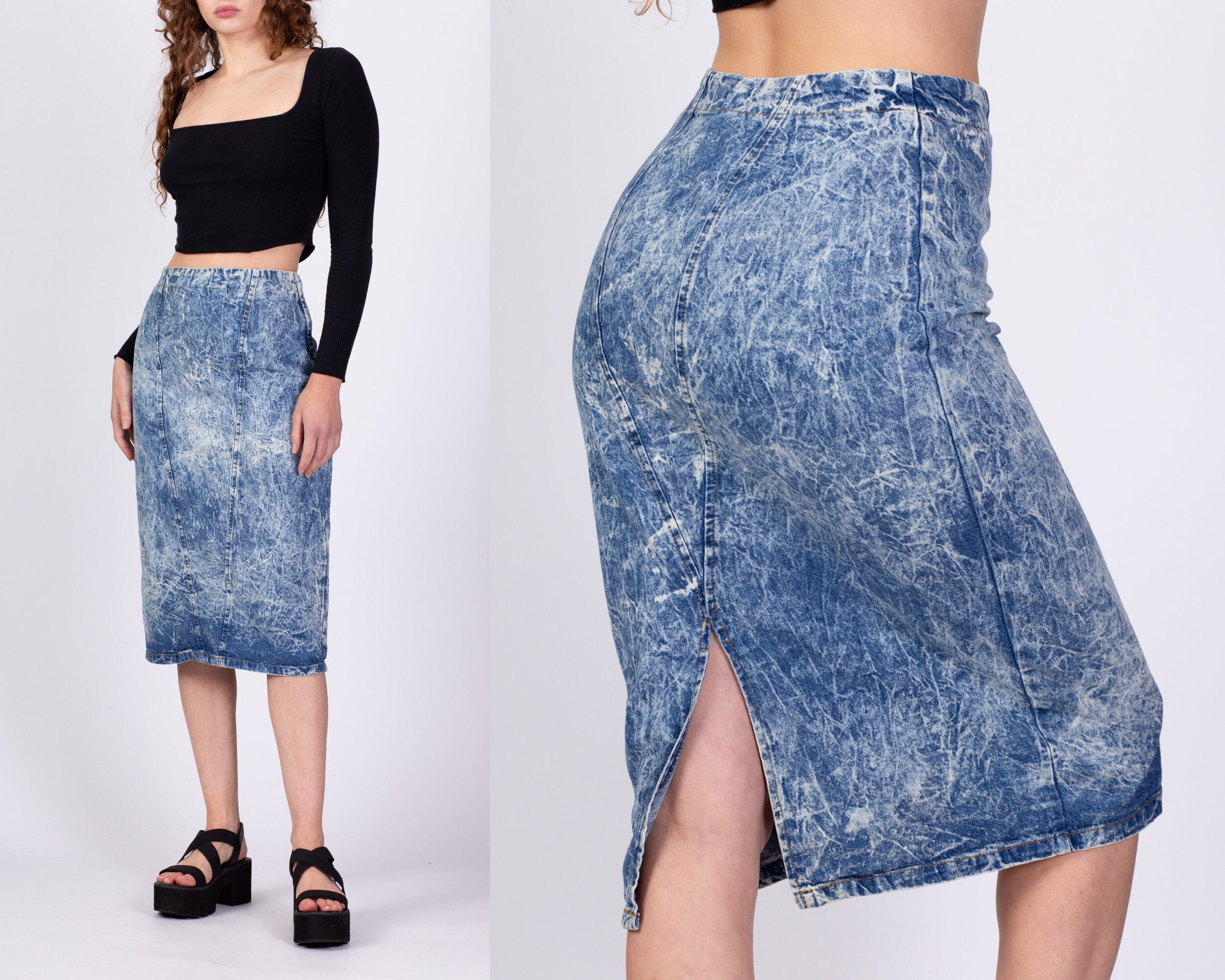 Vintage denim skirt 80s cropped acid wash high-waist mini – Pop Sick Vintage
