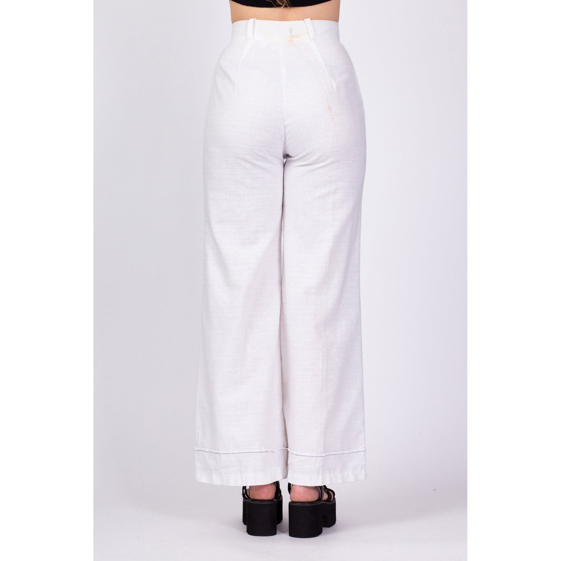 70s White Button Fly High Waisted Pants - Small, 25.5" 