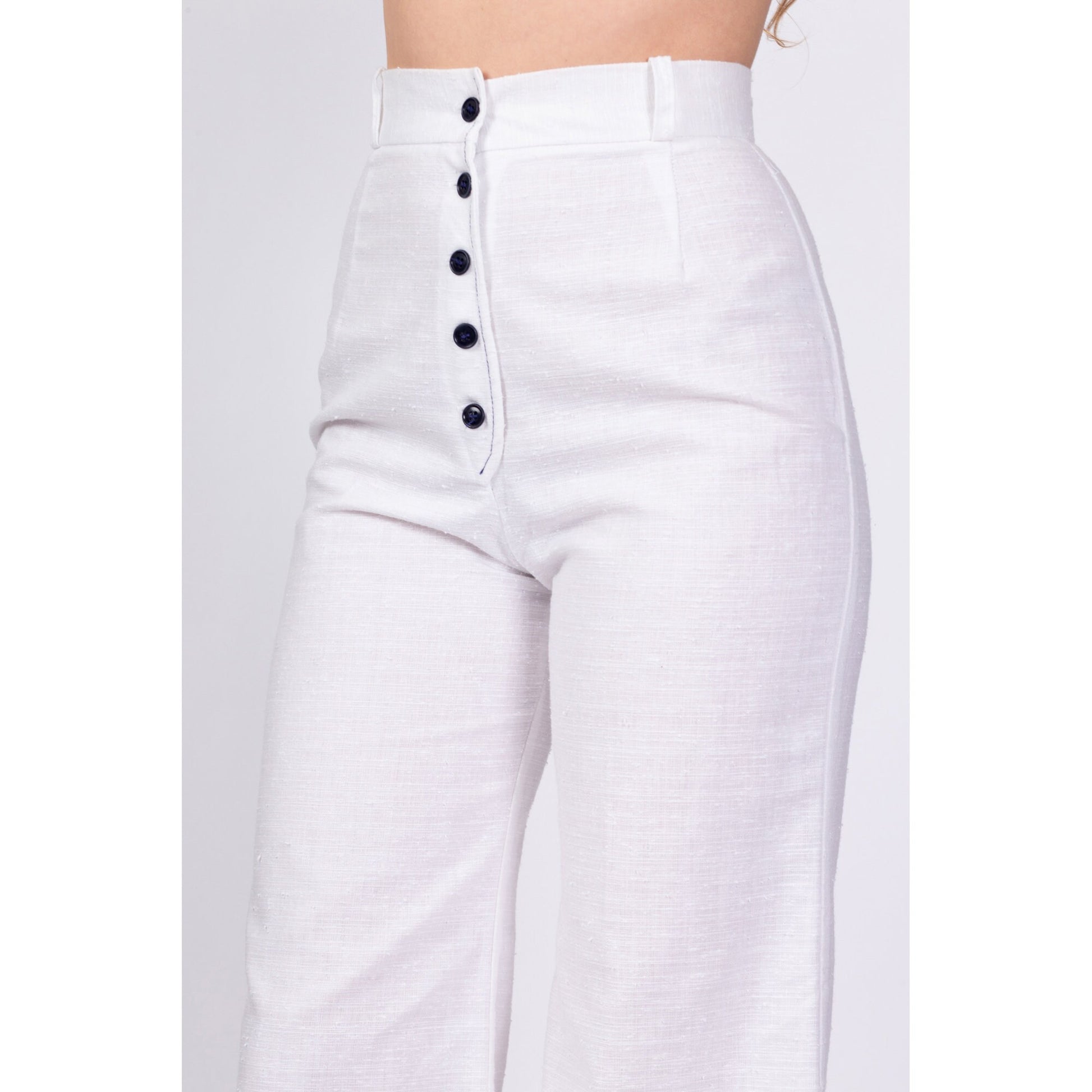 70s White Button Fly High Waisted Pants - Small, 25.5 – Flying