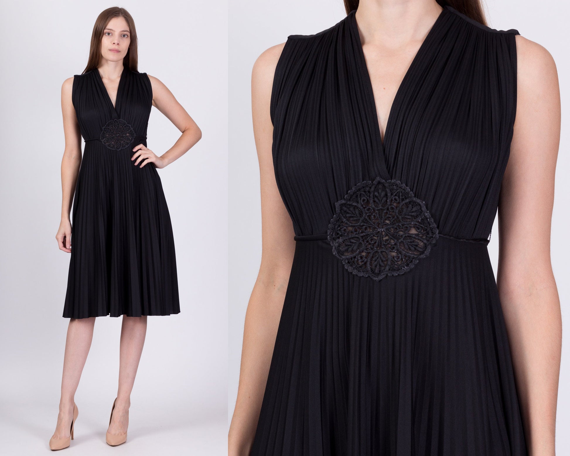70s Boho Black Crochet Trim Pleated Dress - Small to Medium 