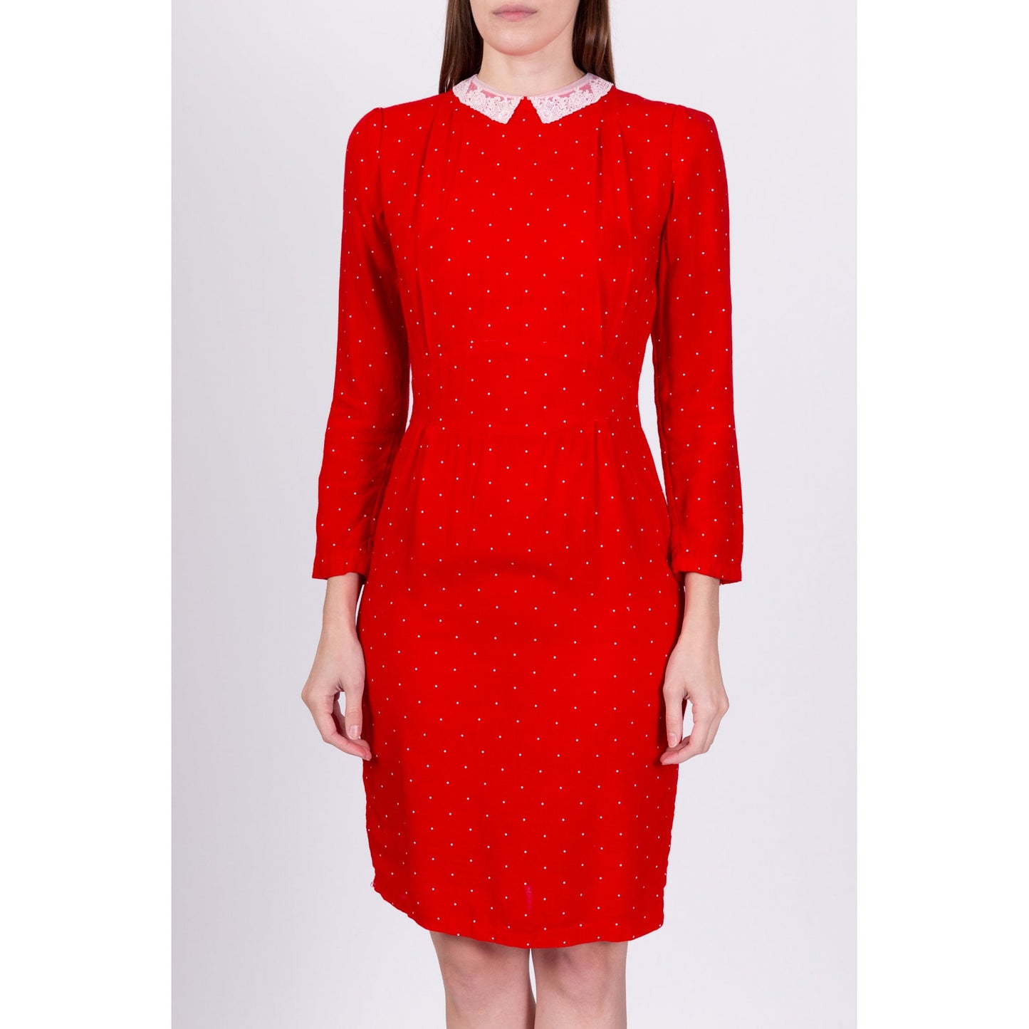 80s Red Polka Dot Lace Collar Dress - Small 