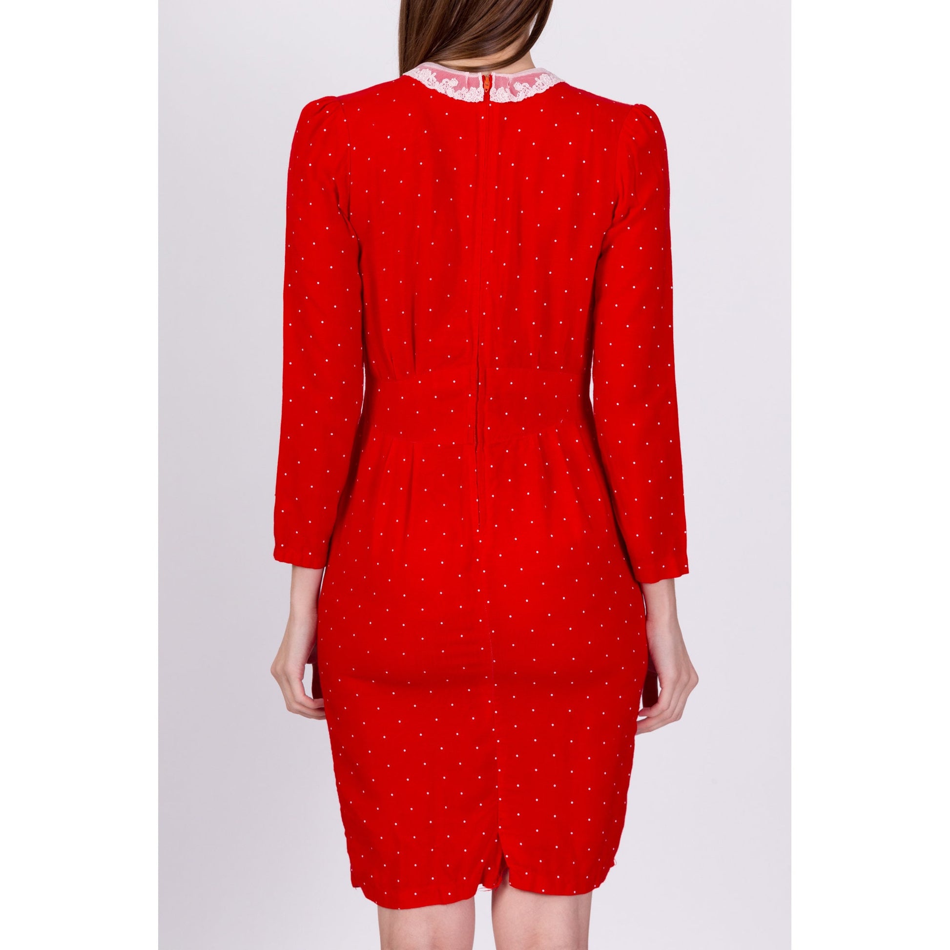 80s Red Polka Dot Lace Collar Dress - Small 
