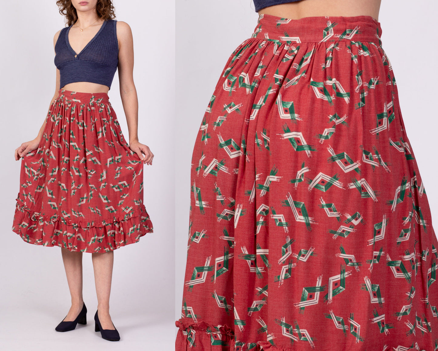 1950s Red Southwestern Geometric Print Midi Skirt - Small, 27" 