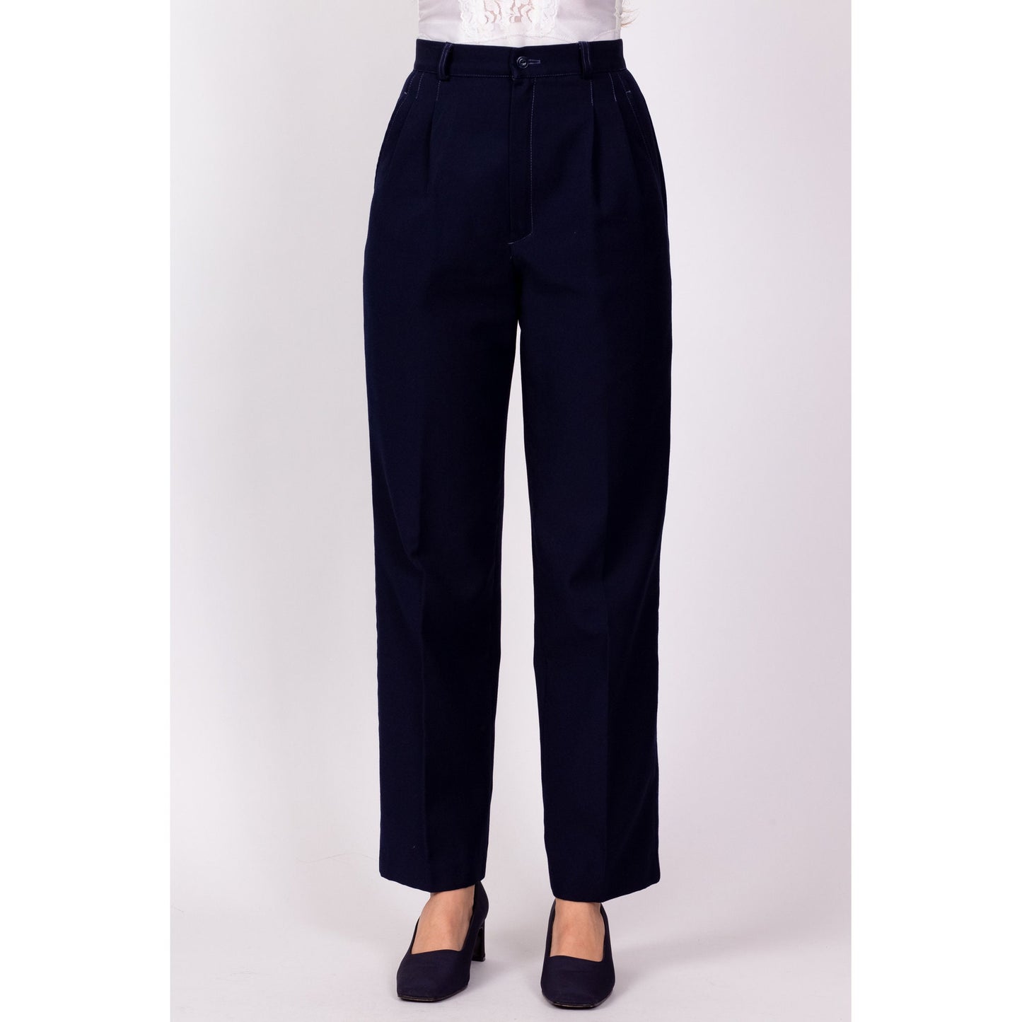 70s Navy Blue Pleated Trousers - Extra Small, 24" 