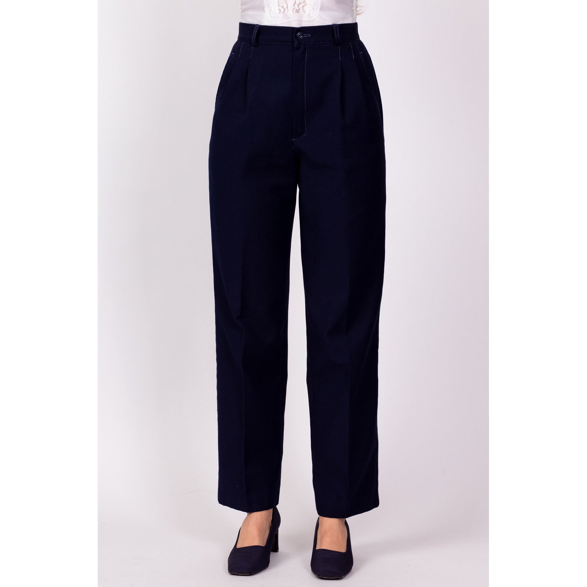 70s Navy Blue Pleated Trousers - Extra Small, 24" 