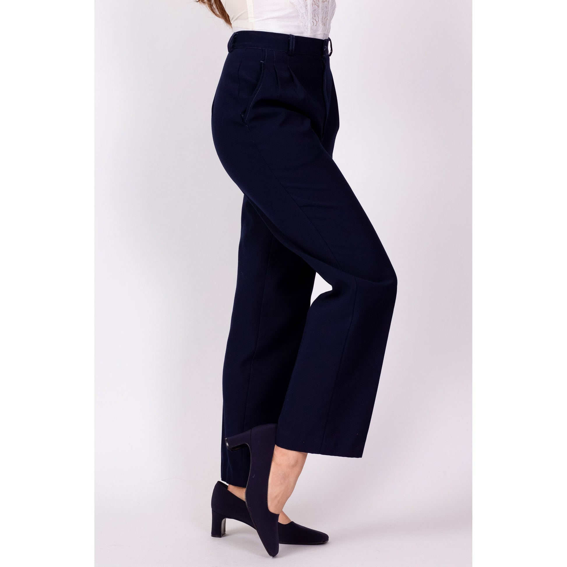 70s Navy Blue Pleated Trousers - Extra Small, 24" 