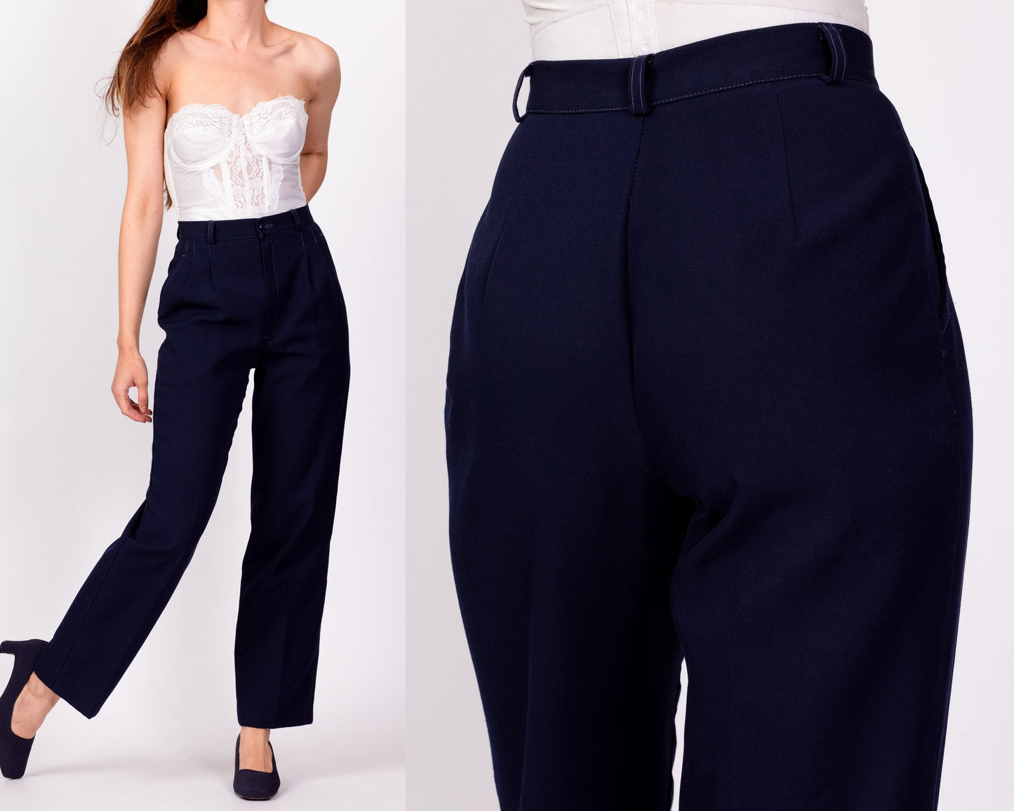 70s Navy Blue Pleated Trousers - Extra Small, 24" 