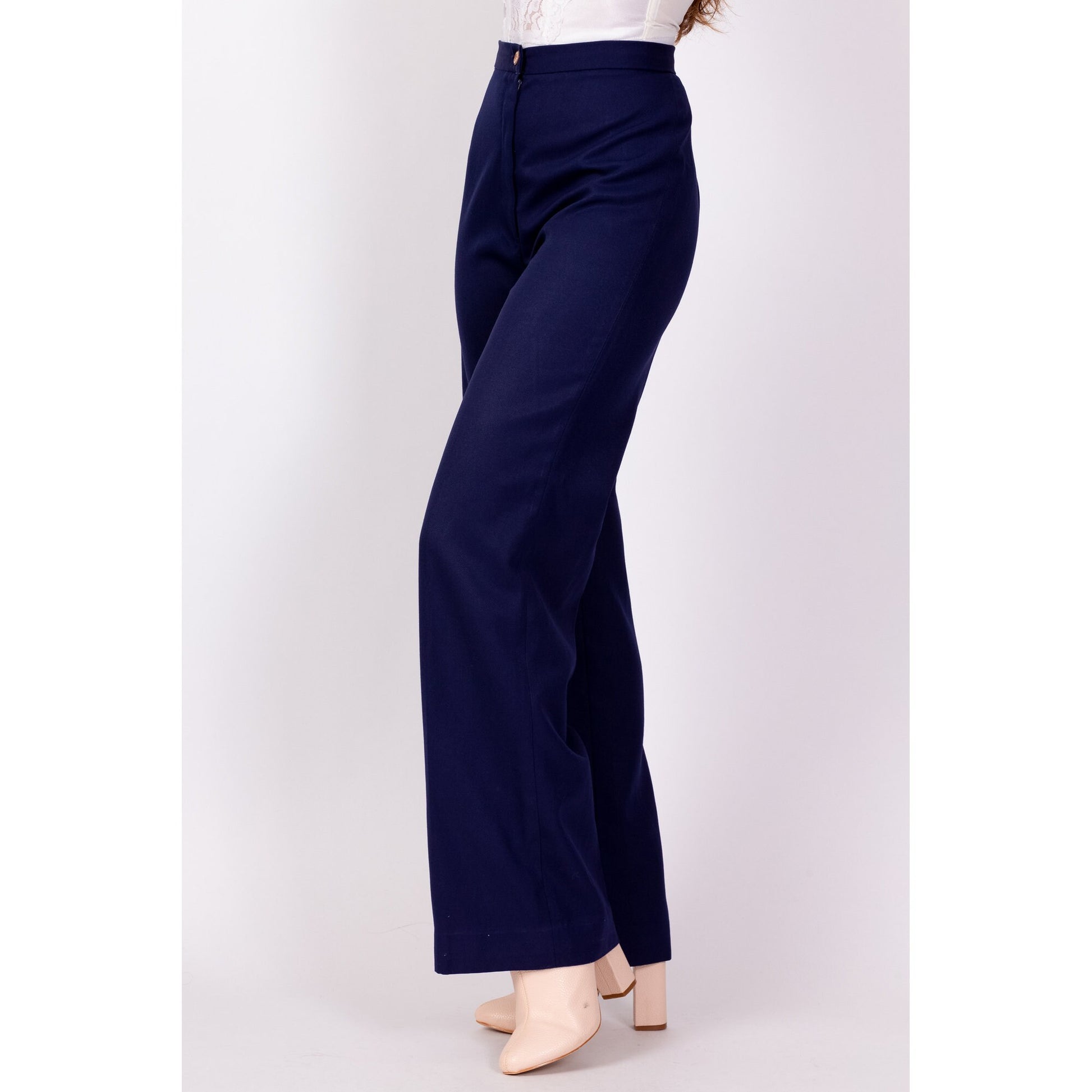 70s Navy Blue High Waisted Pants - Extra Small, 24" 