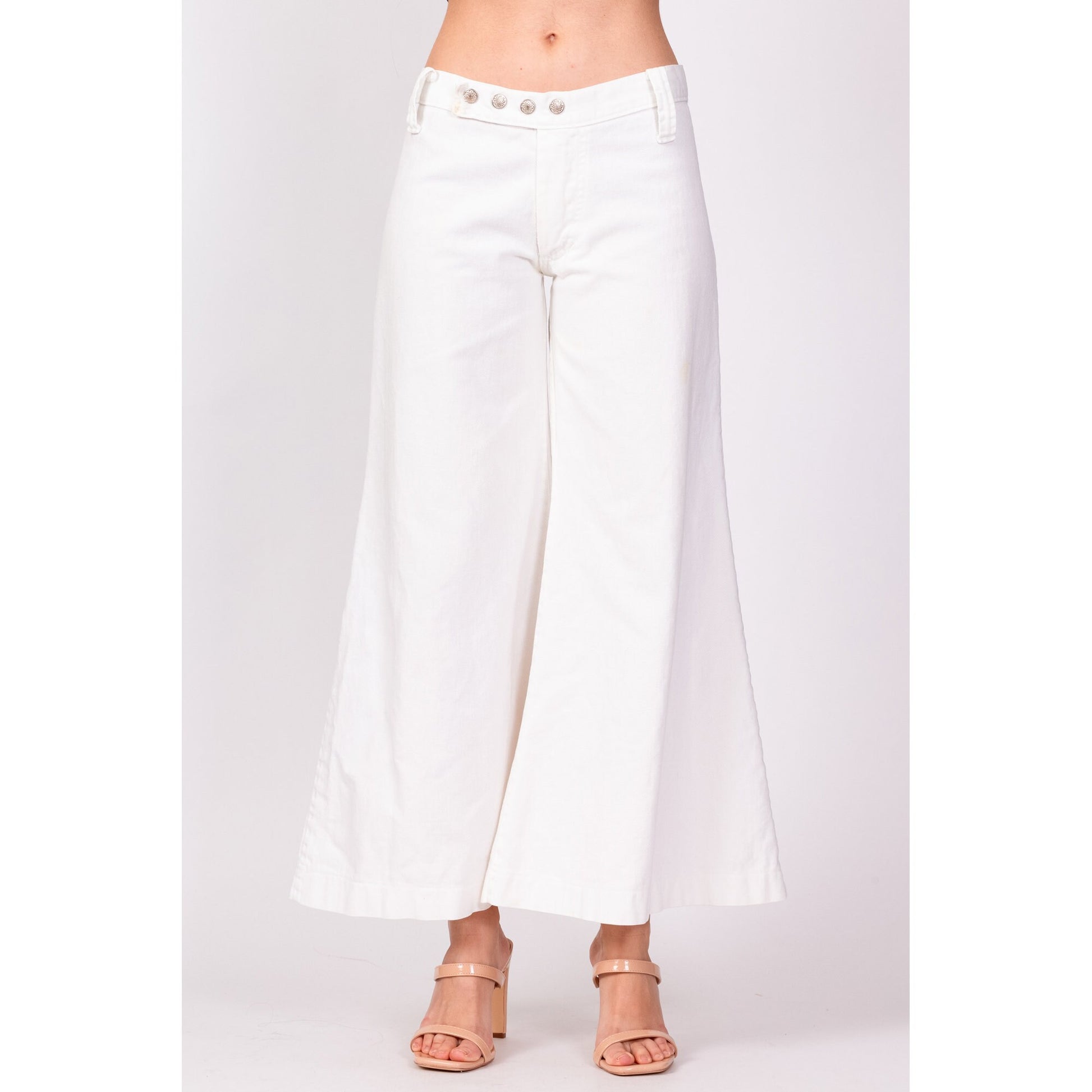 70s White Low Rise Bell Bottoms - Extra Small | Vintage Cotton Retro Hippie Flared Pants Sailor Jeans