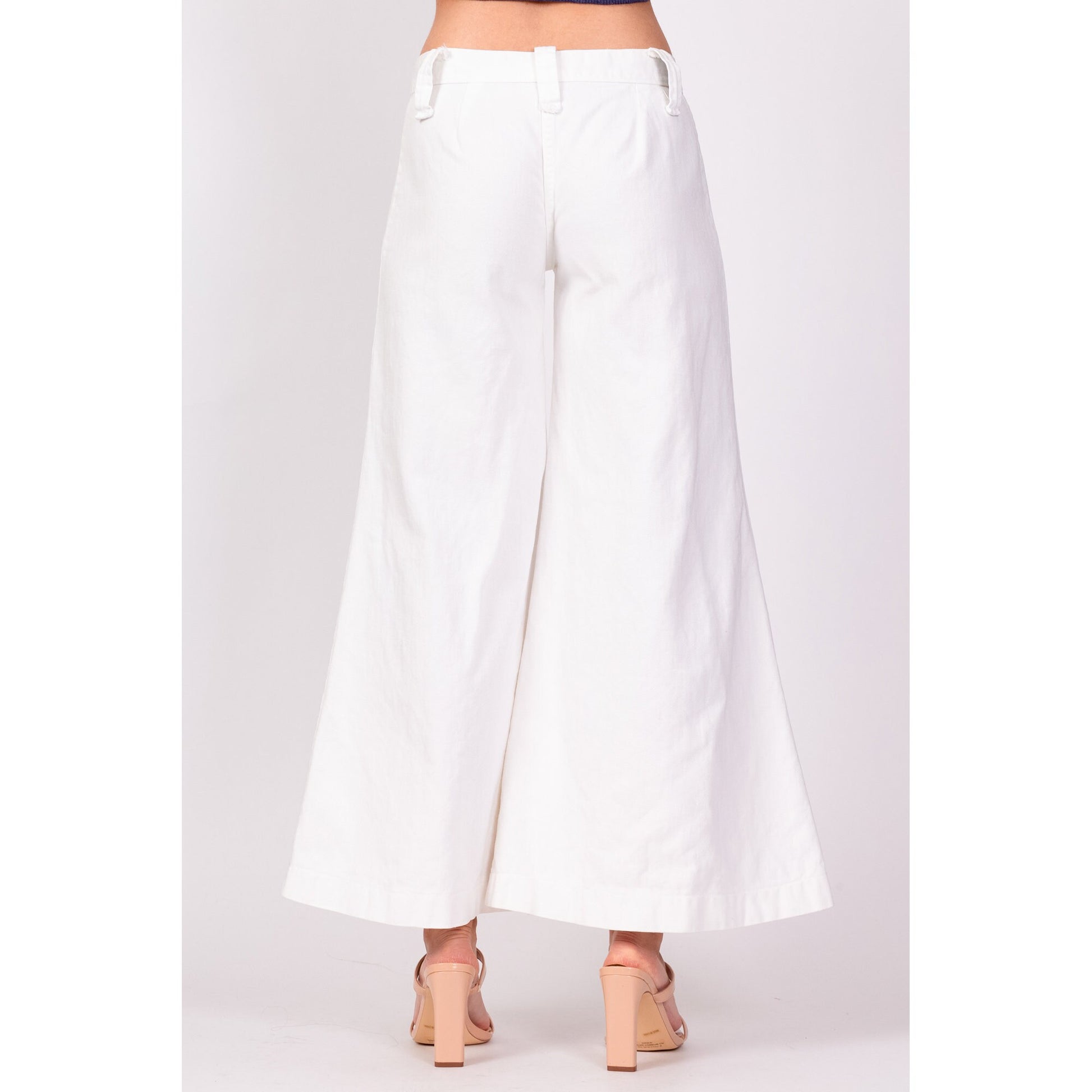 70s White Low Rise Bell Bottoms - Extra Small | Vintage Cotton Retro Hippie Flared Pants Sailor Jeans