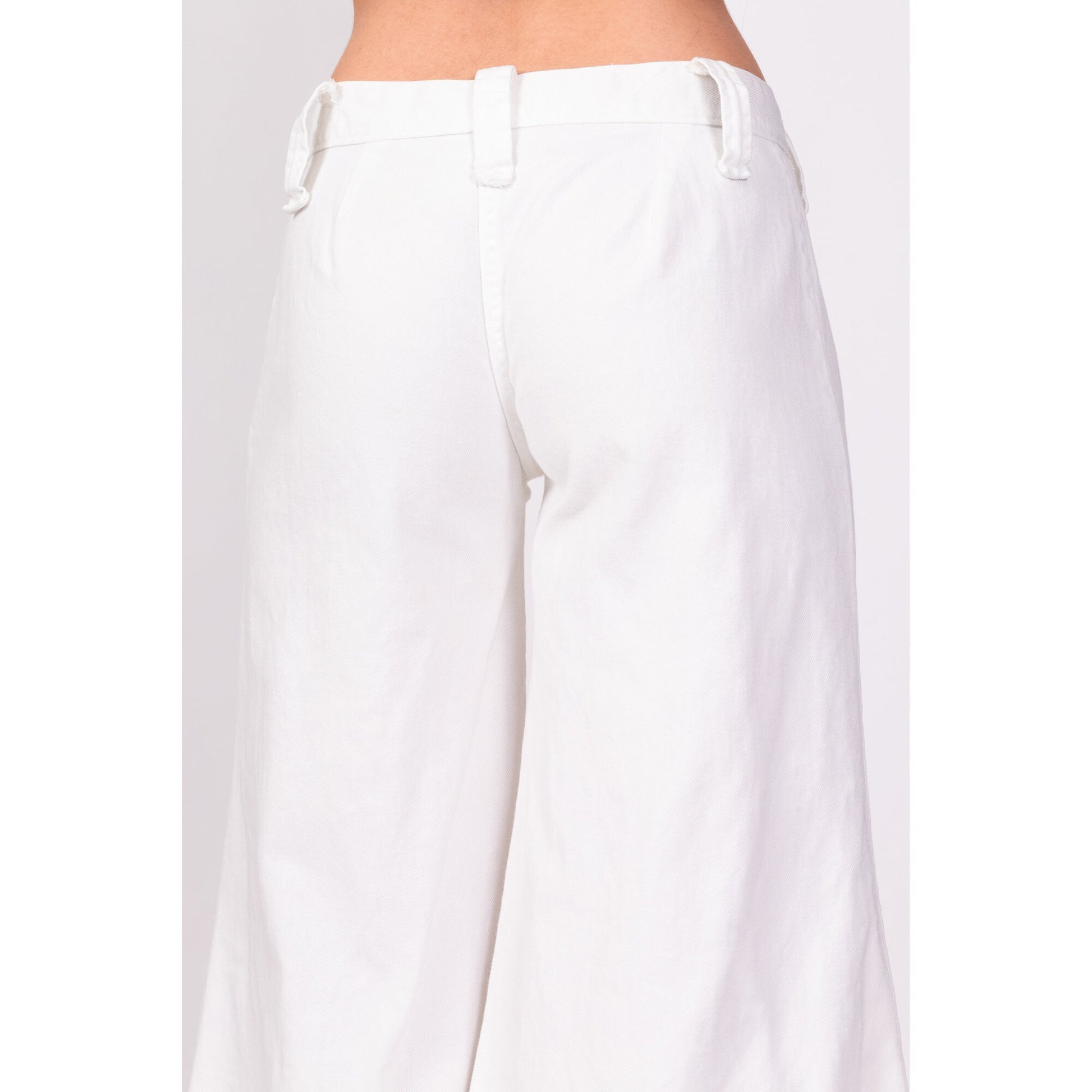 70s White Low Rise Bell Bottoms - Extra Small | Vintage Cotton Retro Hippie Flared Pants Sailor Jeans
