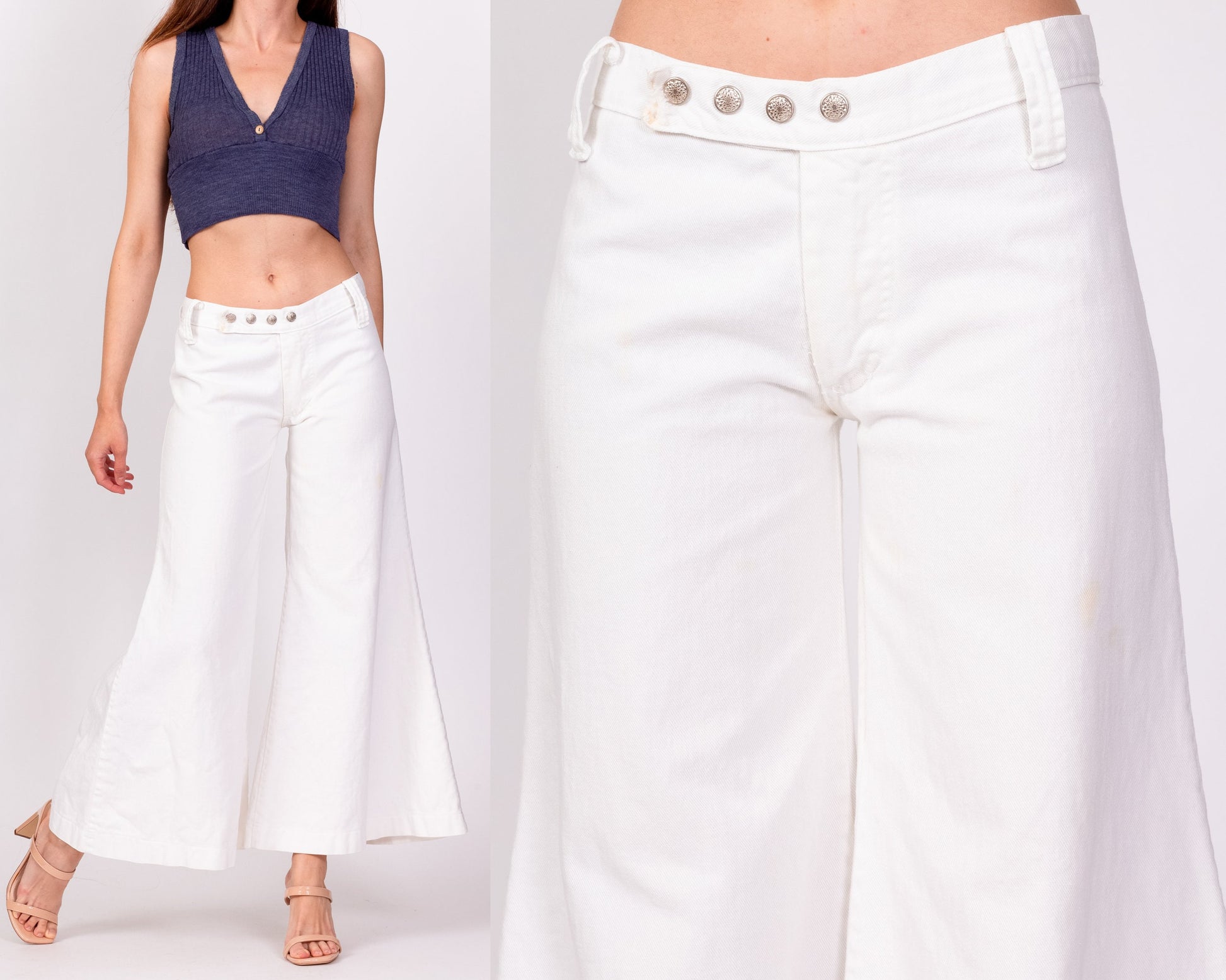 70s White Low Rise Bell Bottoms - Extra Small | Vintage Cotton Retro Hippie Flared Pants Sailor Jeans