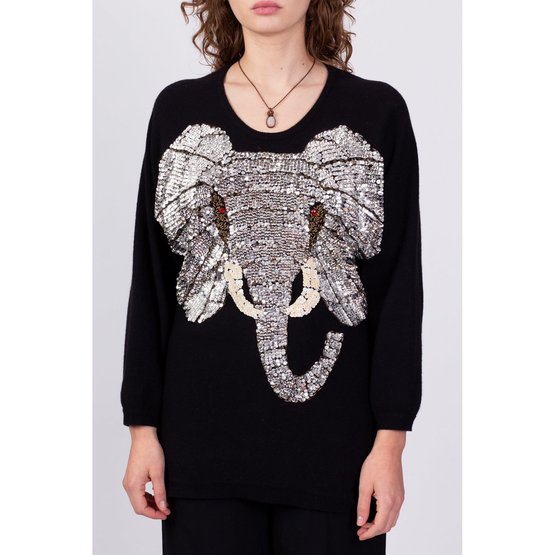 80s Black Angora Sequin Elephant Sweater - Small to Medium 