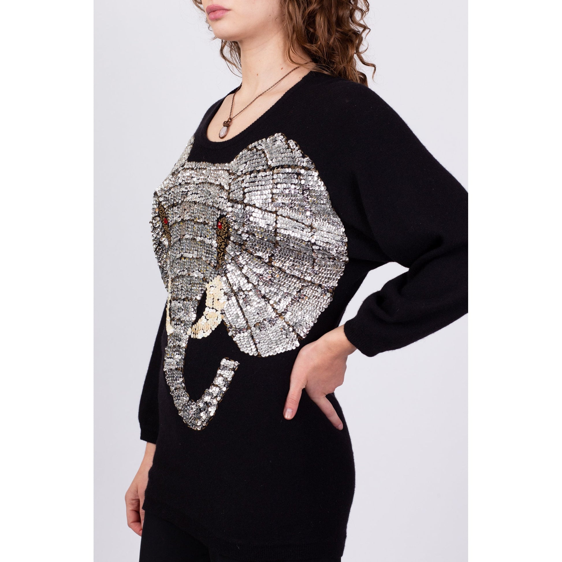 80s Black Angora Sequin Elephant Sweater - Small to Medium 