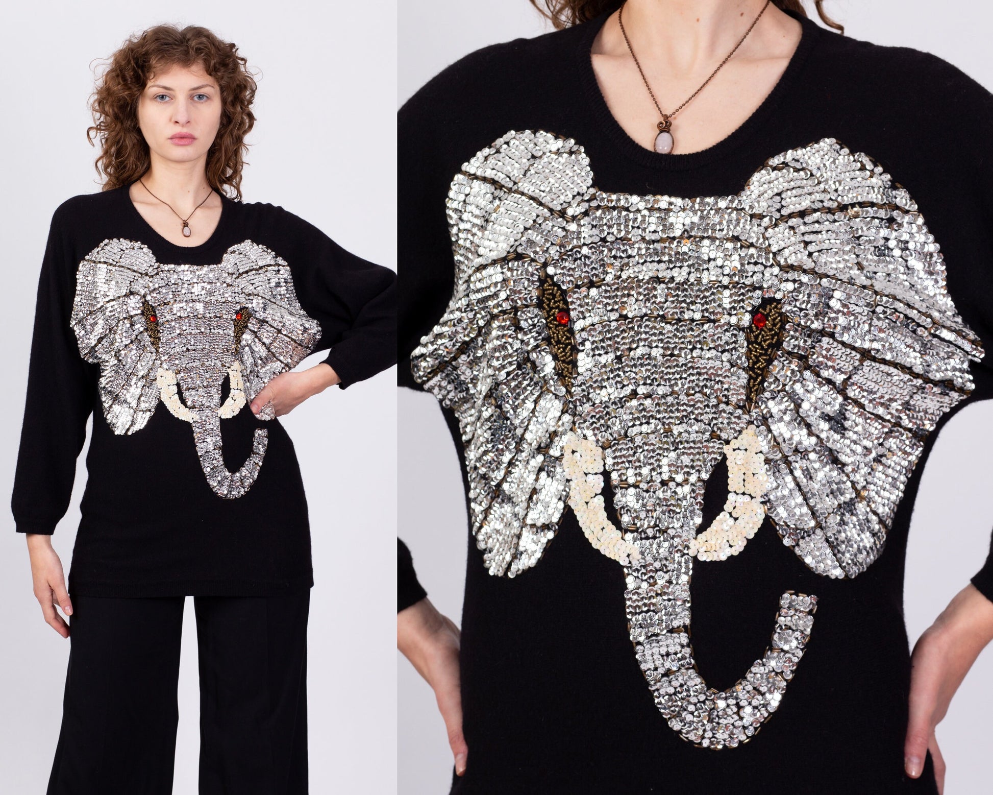 80s Black Angora Sequin Elephant Sweater - Small to Medium 