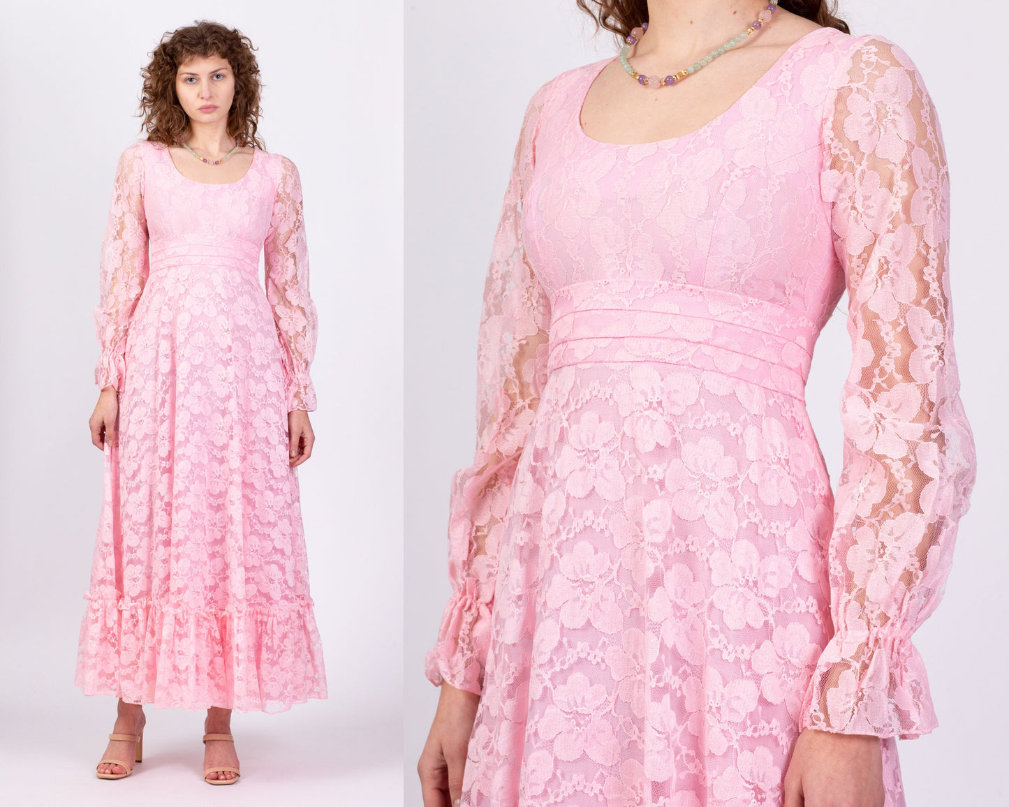 60s 70s Jack Bryan Pink Floral Lace Gown - Small 