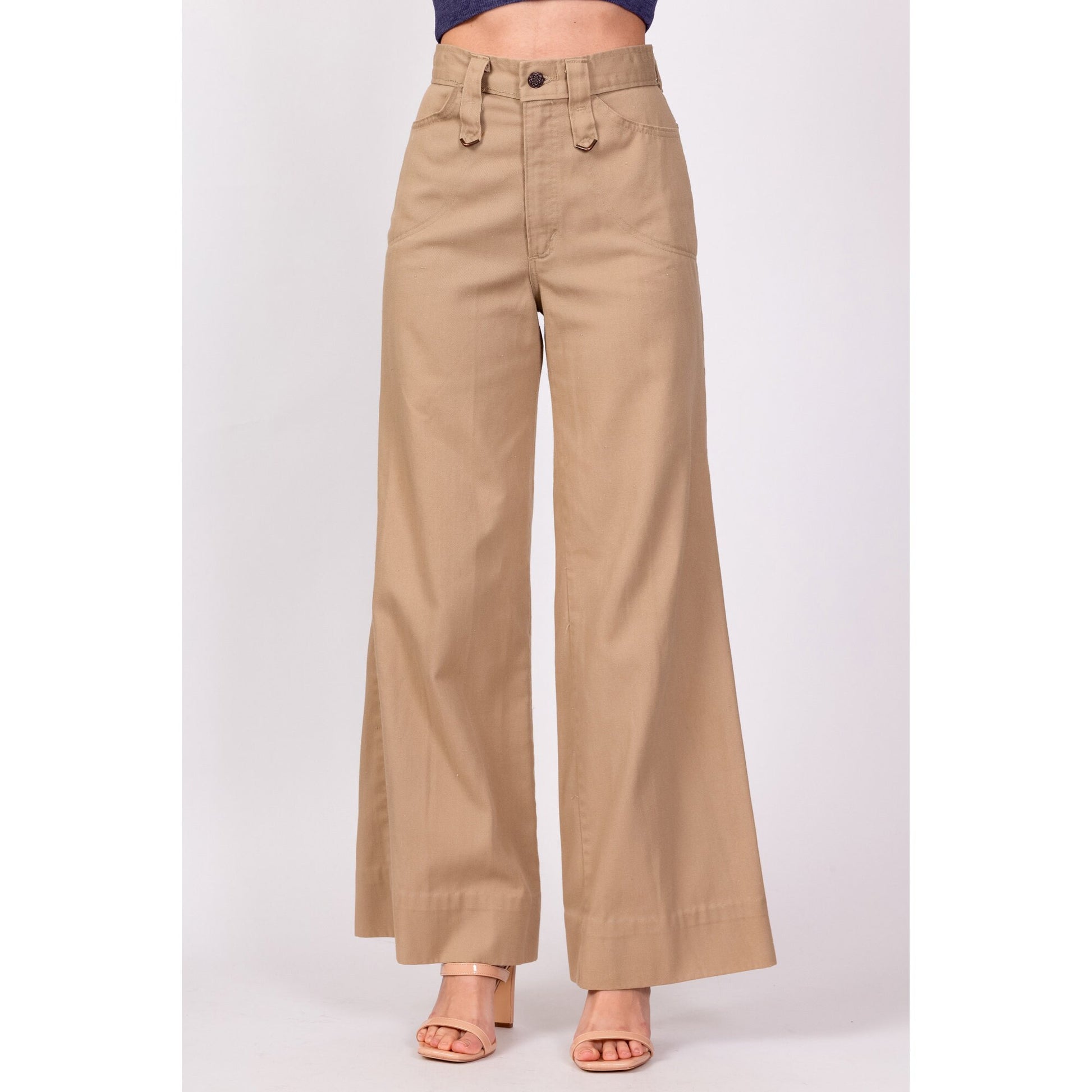 70s High Waisted Khaki Twill Flared Pants - Extra Small, 24" 