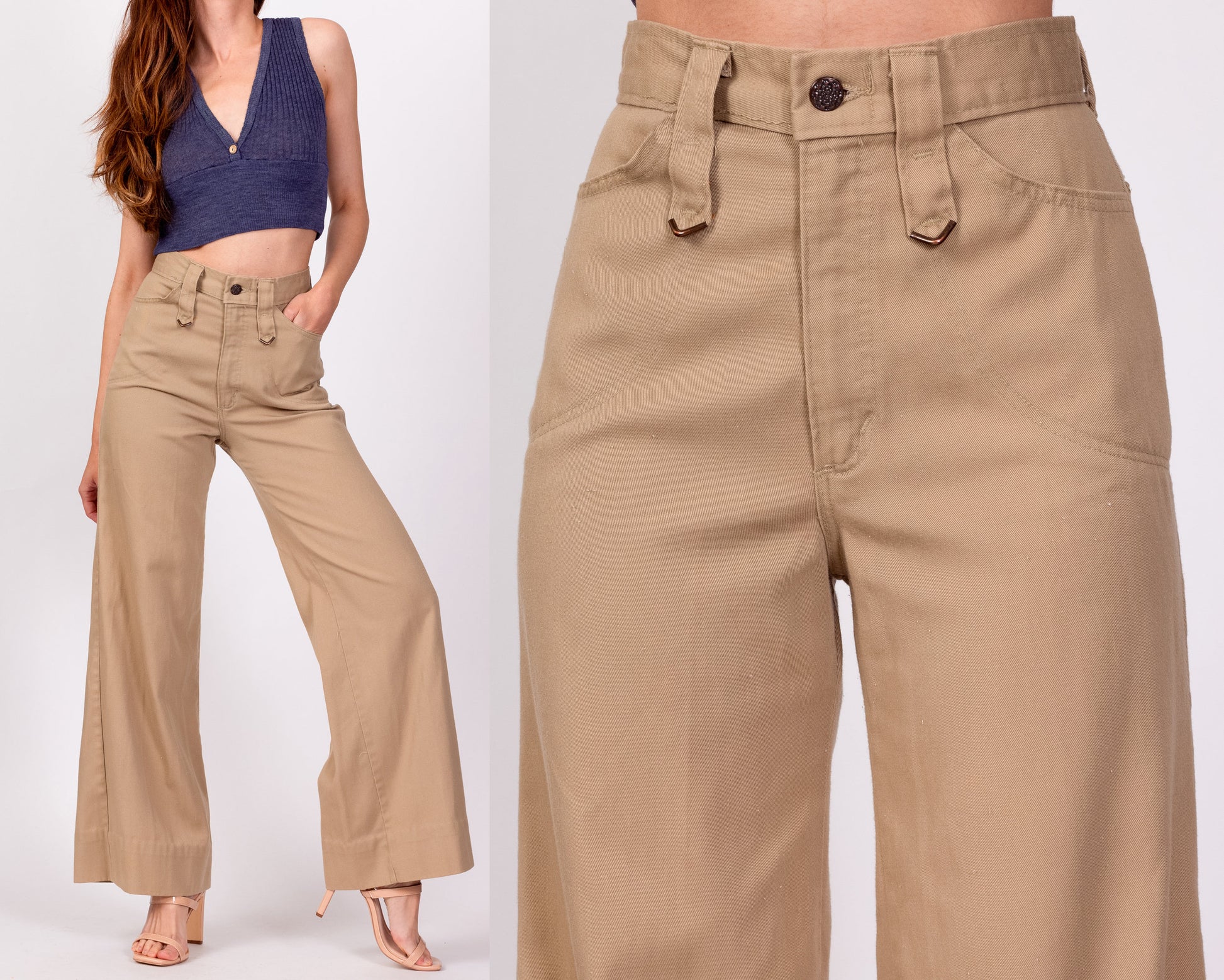 70s High Waisted Khaki Twill Flared Pants - Extra Small, 24" 