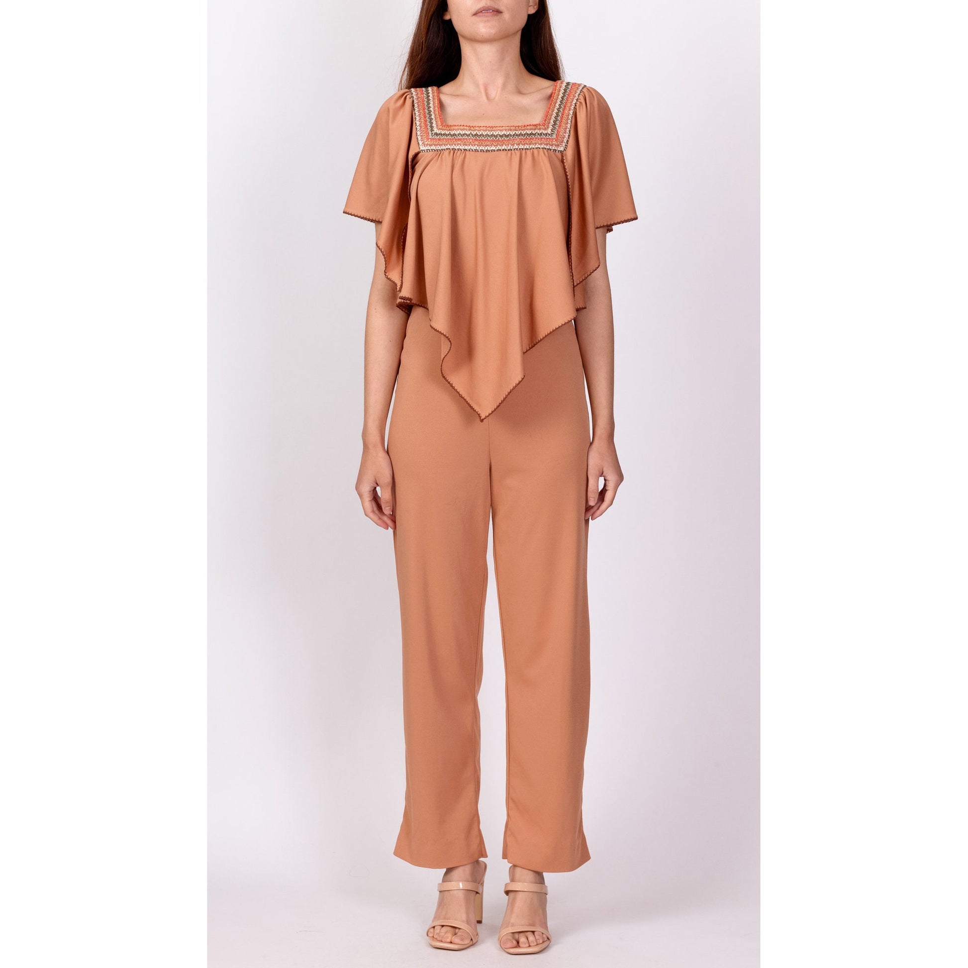 70s Embroidered Flutter Capelet Jumpsuit - XS to Petite Small 