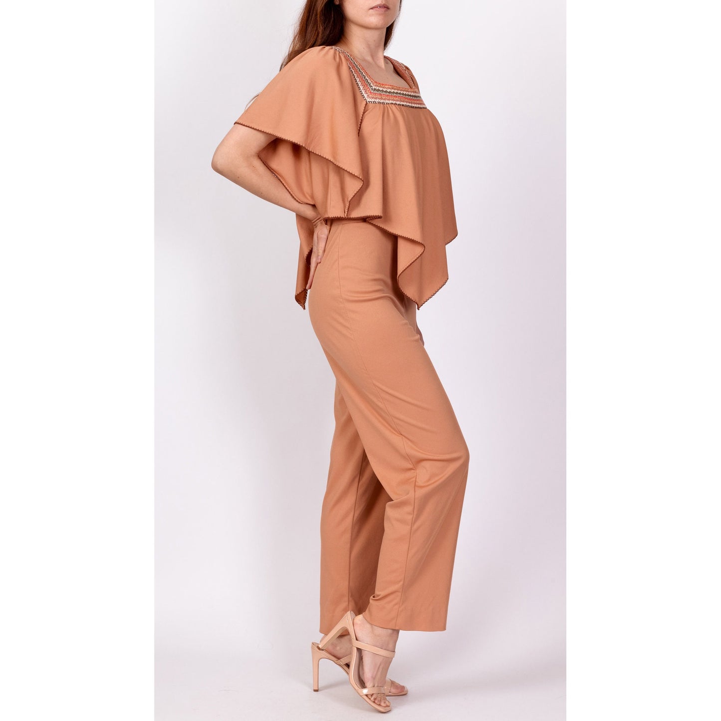 70s Embroidered Flutter Capelet Jumpsuit - XS to Petite Small 