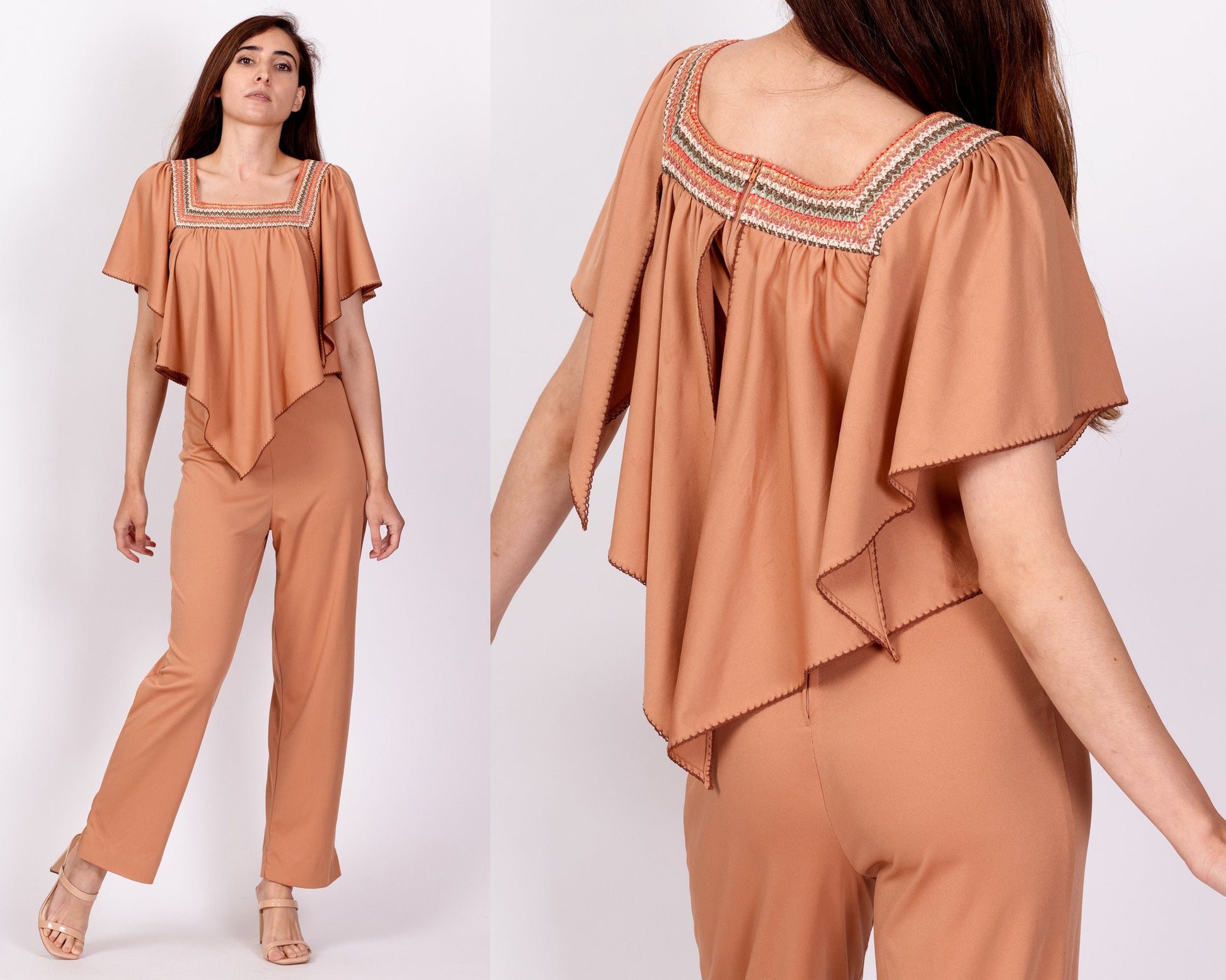 70s Embroidered Flutter Capelet Jumpsuit - XS to Petite Small 