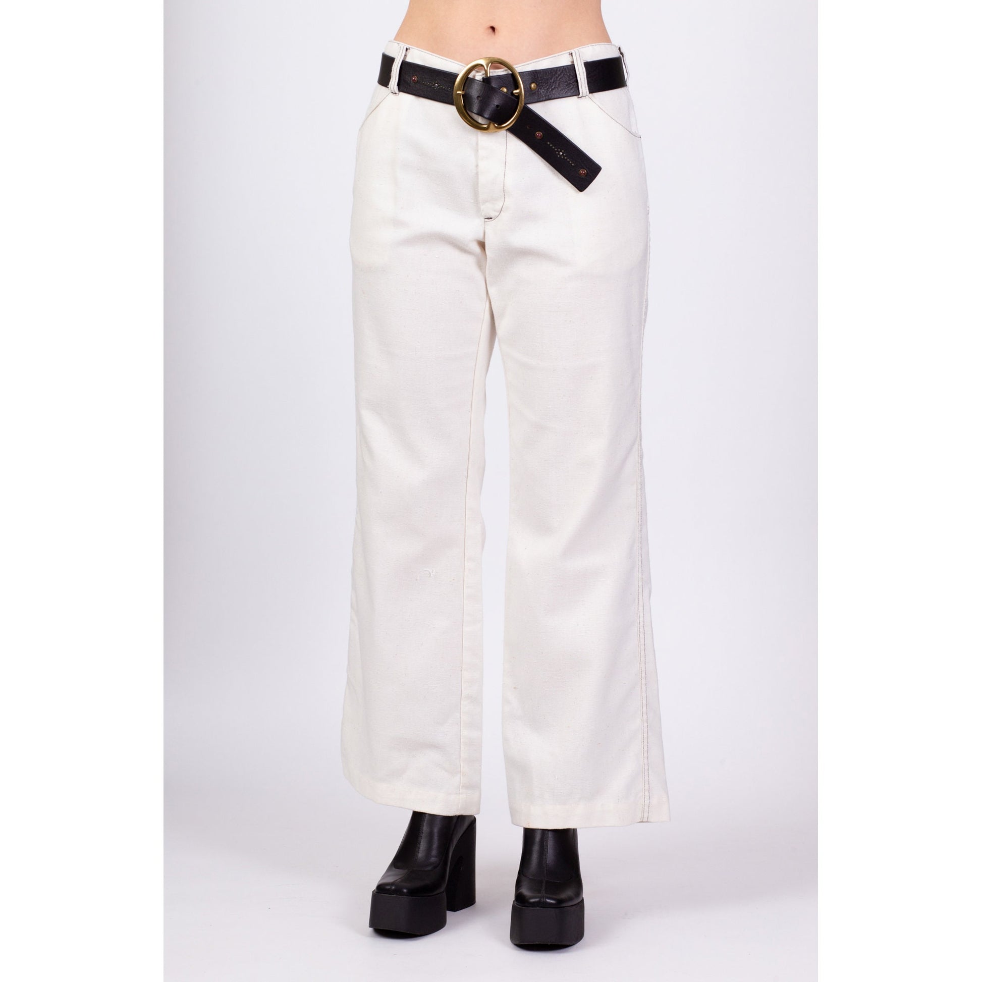 70s White Cotton Contrast Stitch Bell Bottoms - Men's Small