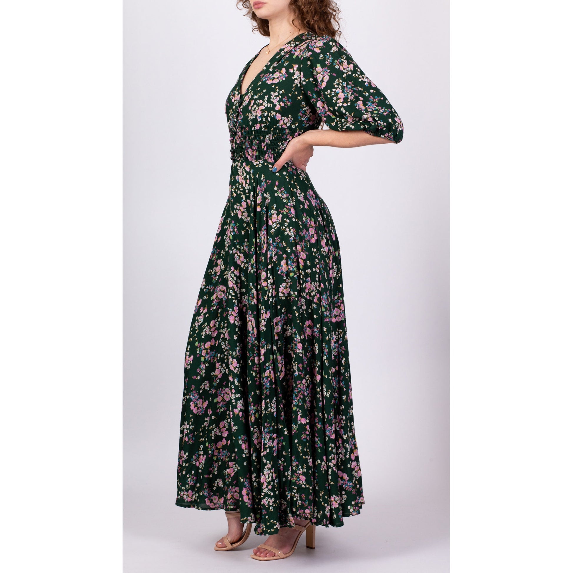70s Green Floral Puff Sleeve Maxi Dress - Small to Medium 
