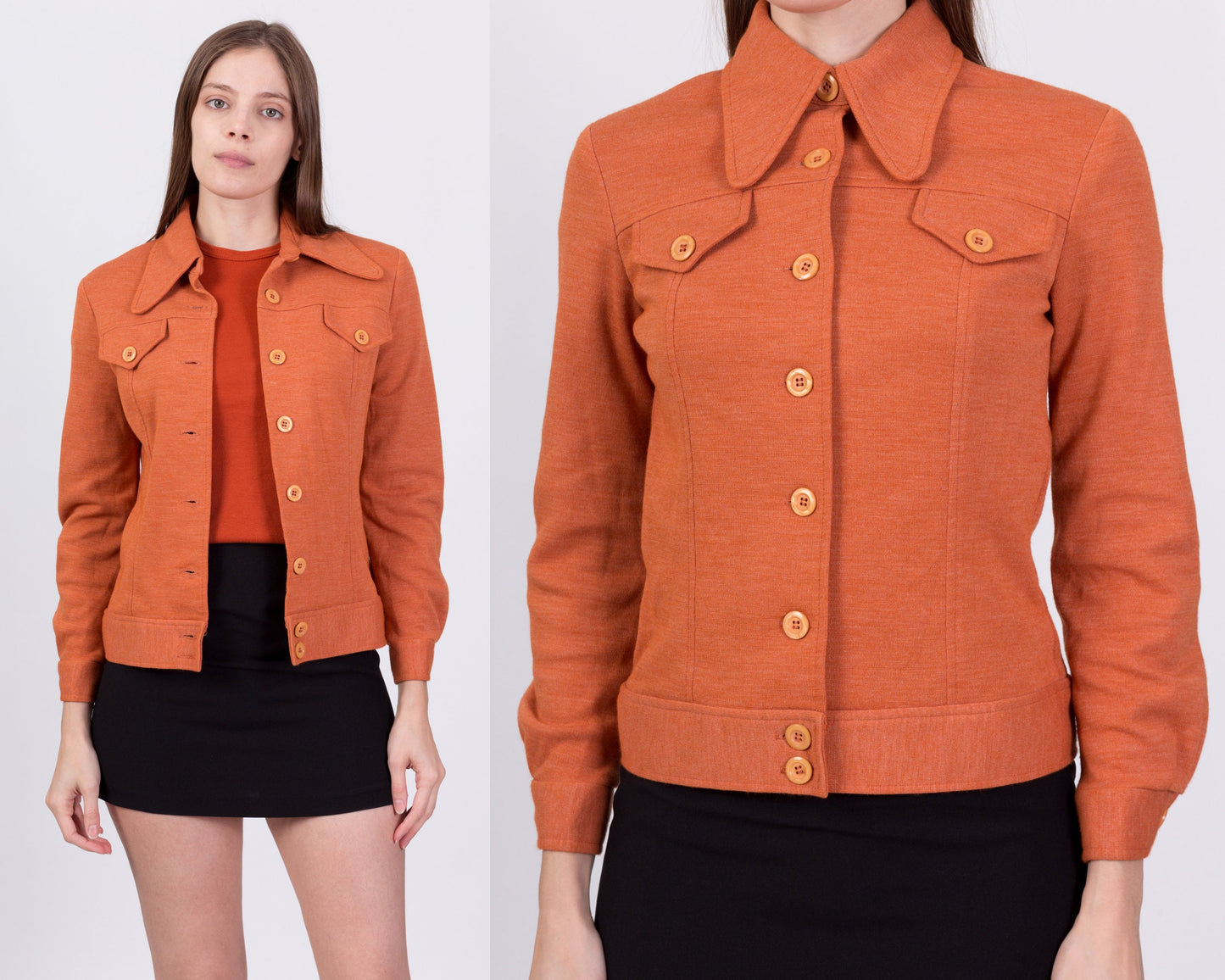 60s 70s Mod Orange Dog Ear Collar Shirt Jacket - Extra Small 