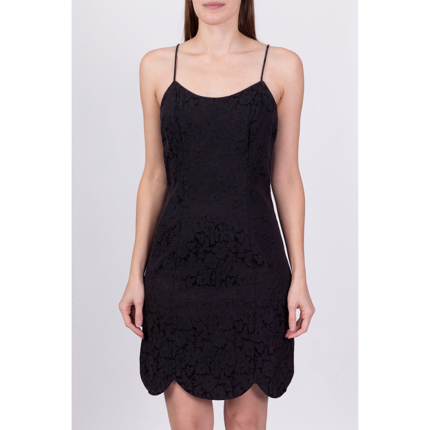 90s Black Floral Jacquard Mini Dress - Small 