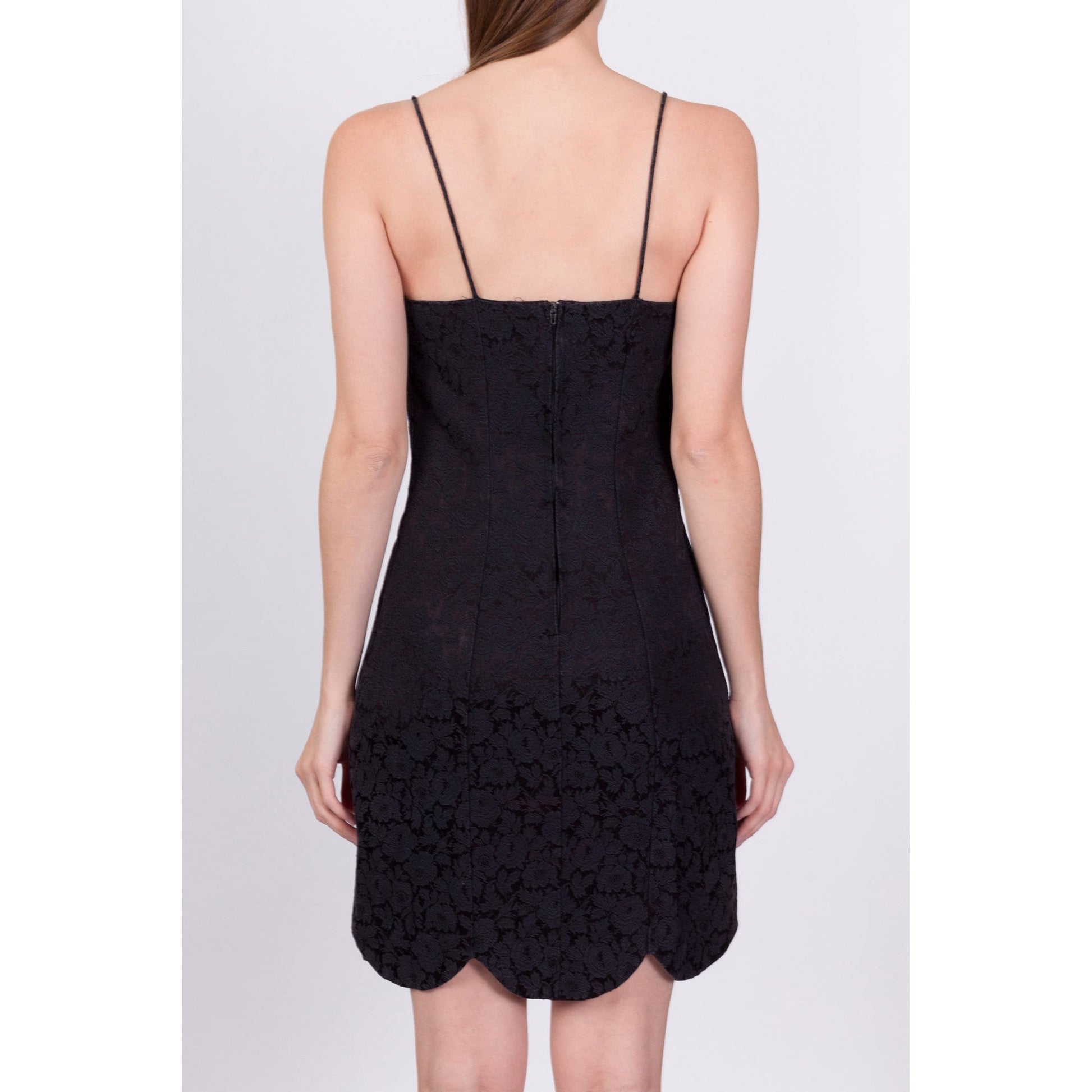 90s Black Floral Jacquard Mini Dress - Small 