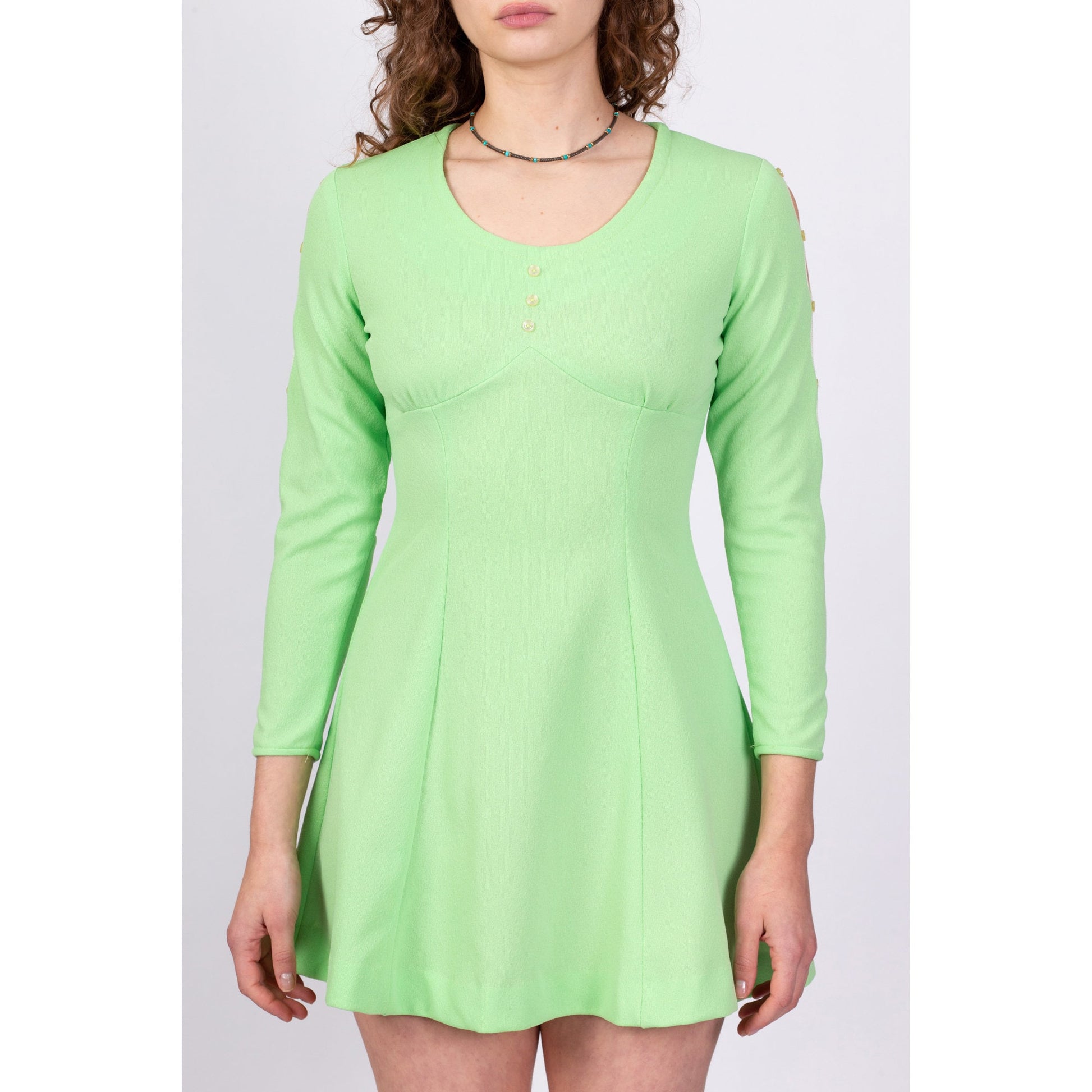 60s 70s Mint Green Diamond Cut Out Sleeve Mini Dress - Small