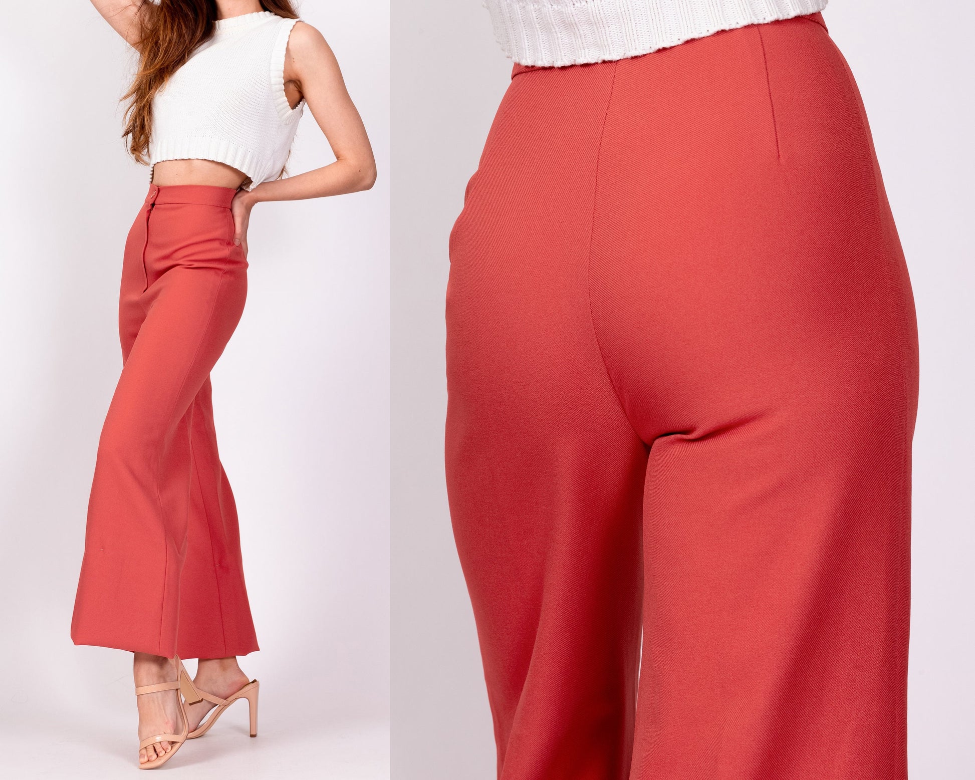 70s Salmon Pink High Waisted Flared Pants - Extra Small, 23.5" 