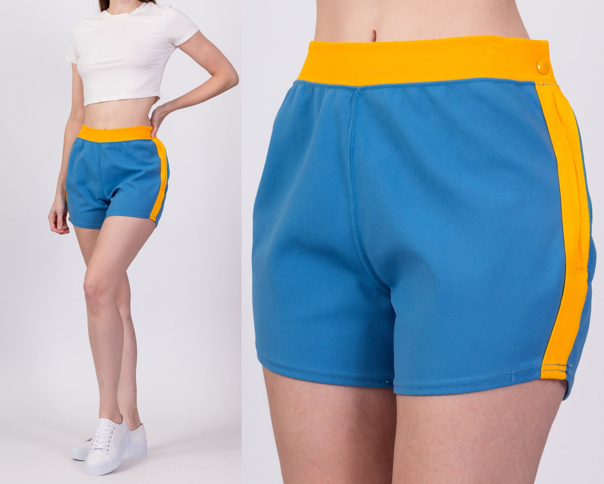 70s Blue Striped Unisex Athletic Shorts - Small to Large