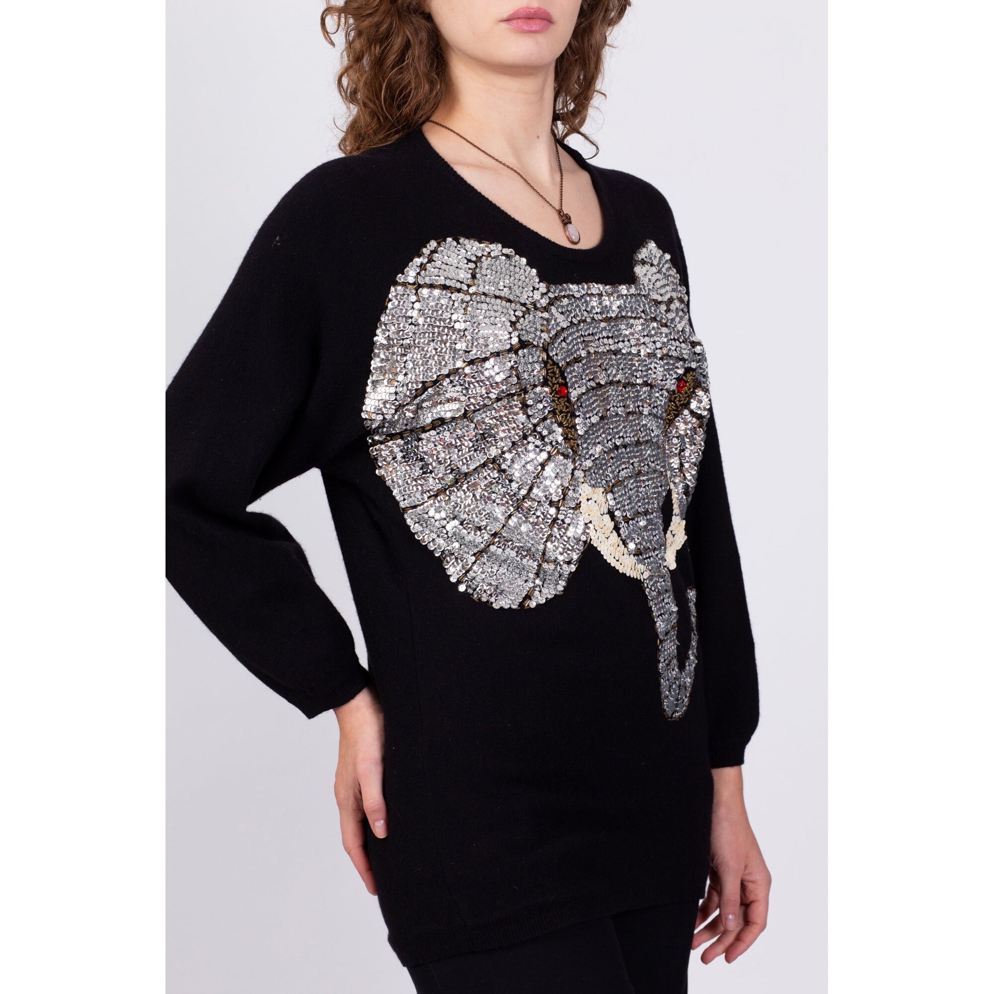80s Black Angora Sequin Elephant Sweater - Small to Medium 
