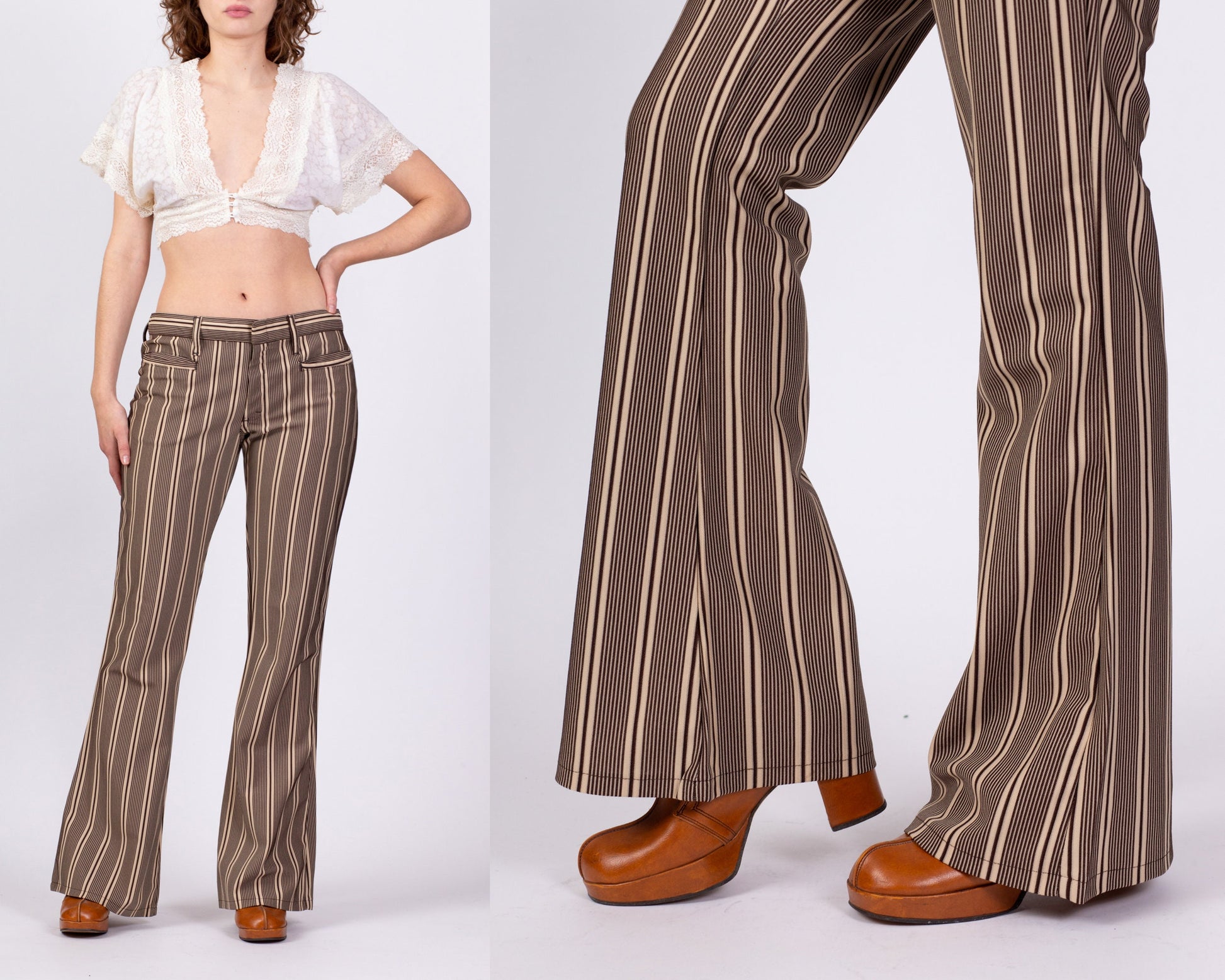 70s Brown & White Striped Bell Bottoms - Medium to Large