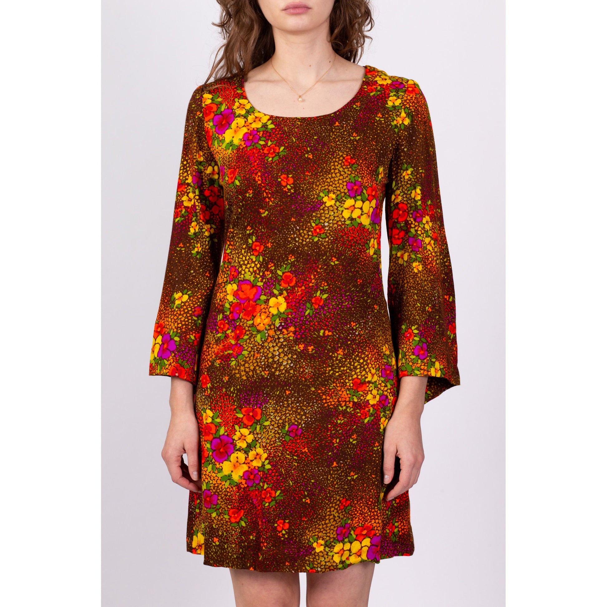 70s Floral Angel Sleeve Kaftan Mini Dress - Medium