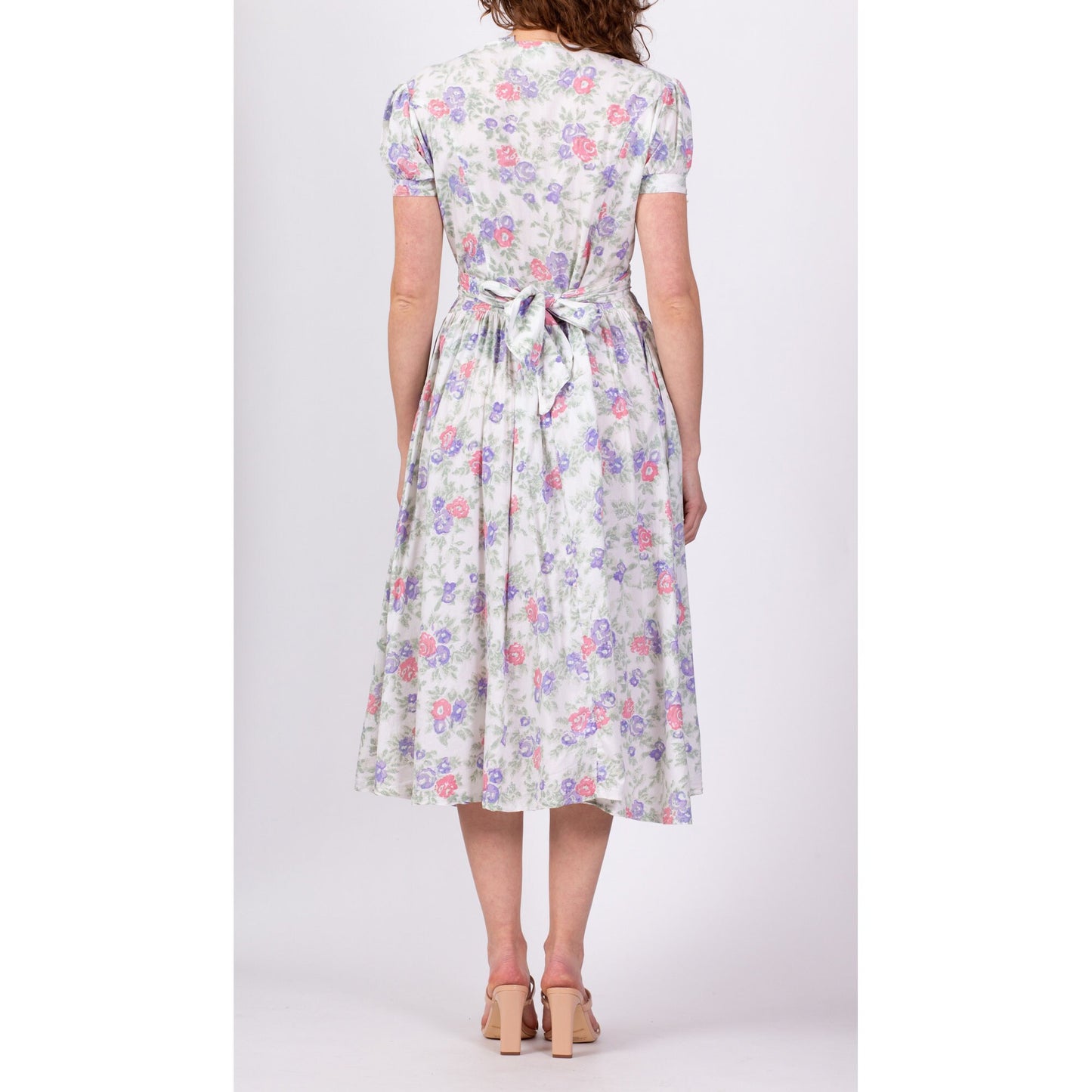 80s Floral Puff Sleeve Princess Waist Midi Dress - Small